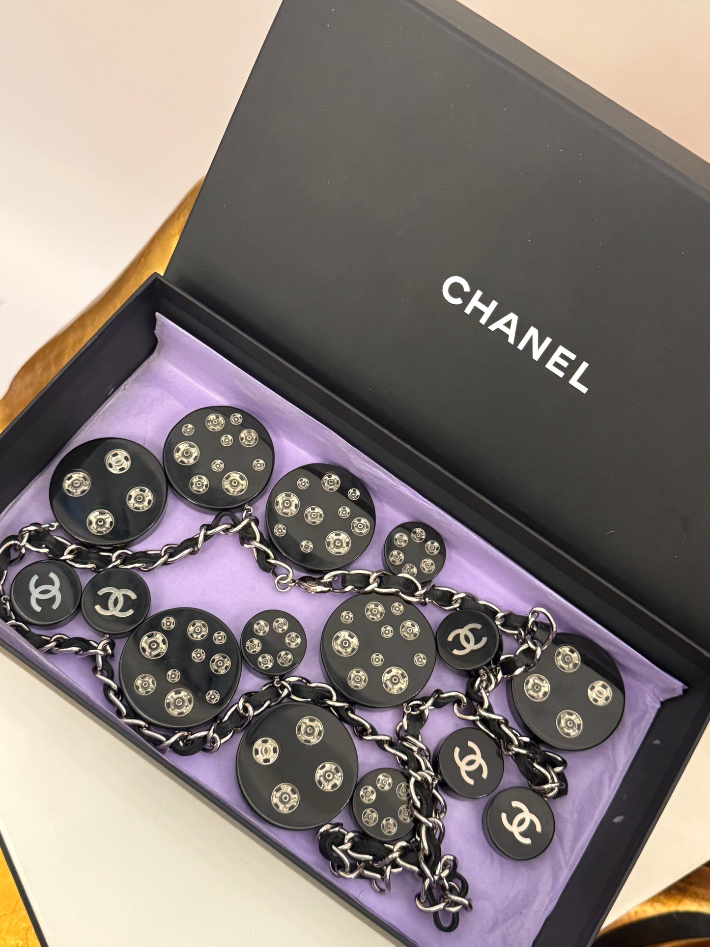 Chanel F/W 2003 Oversized Lucite Button & Snap Charm Chain Belt - Rare Collector Piece