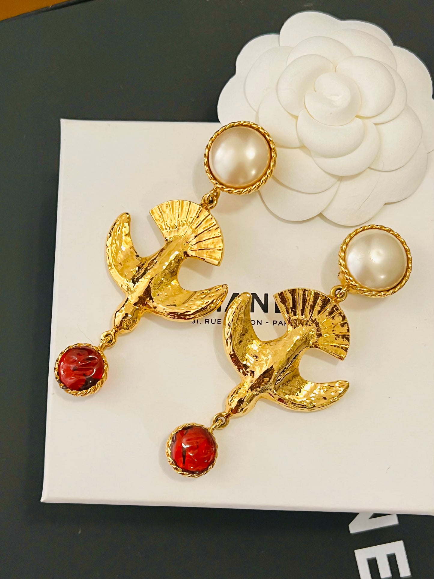 Museum-Worthy CHANEL 1970s Stylized Dove Bird Gripoix Drop Earrings - Rare Haute Couture Collector's Archive Piece
