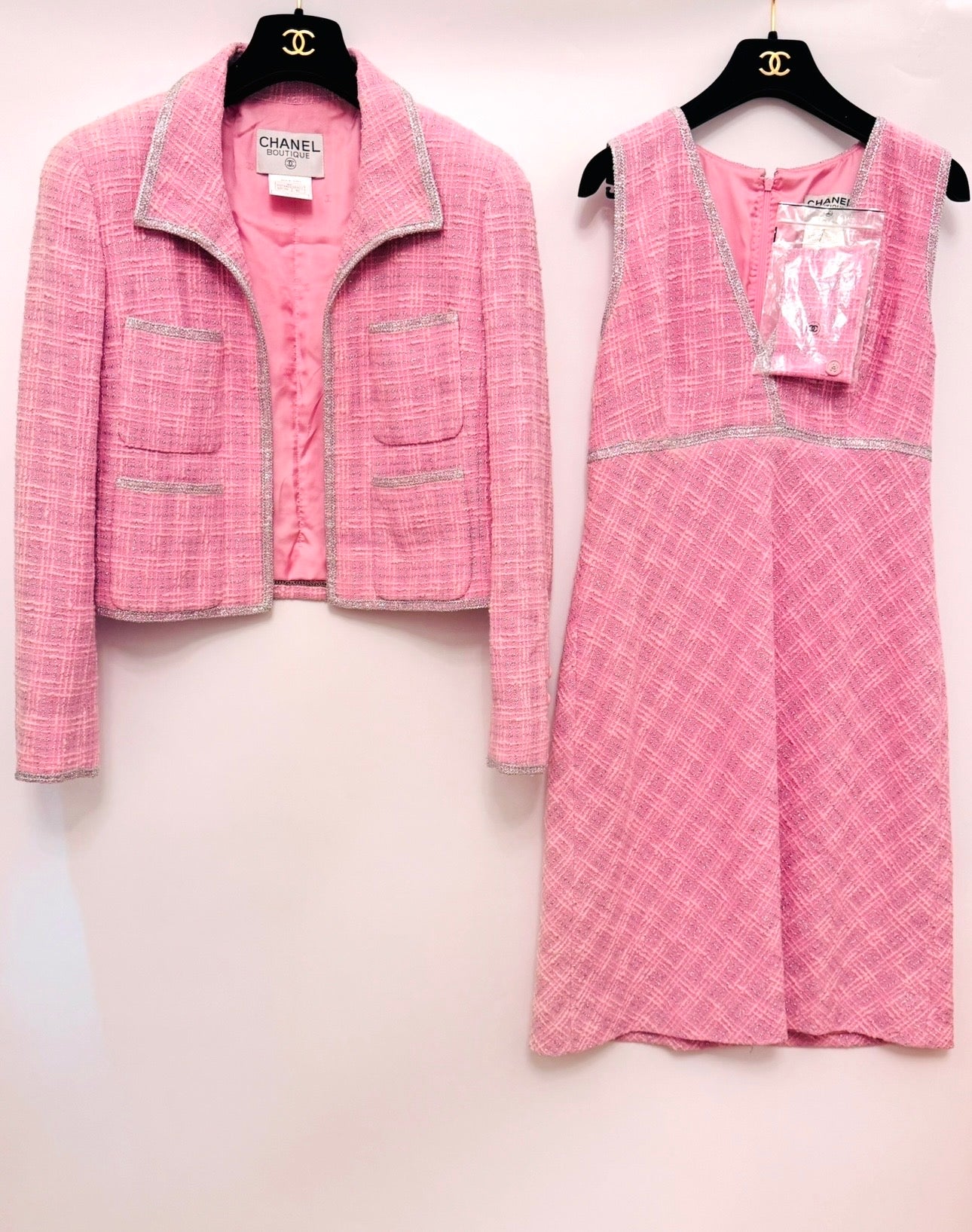 CHANEL Spring/ Summer 1997 Fantasy Tweed Sparkling Barbie Pink Jacket & Dress Ensemble - Never Worn - Karl Lagerfeld Archive