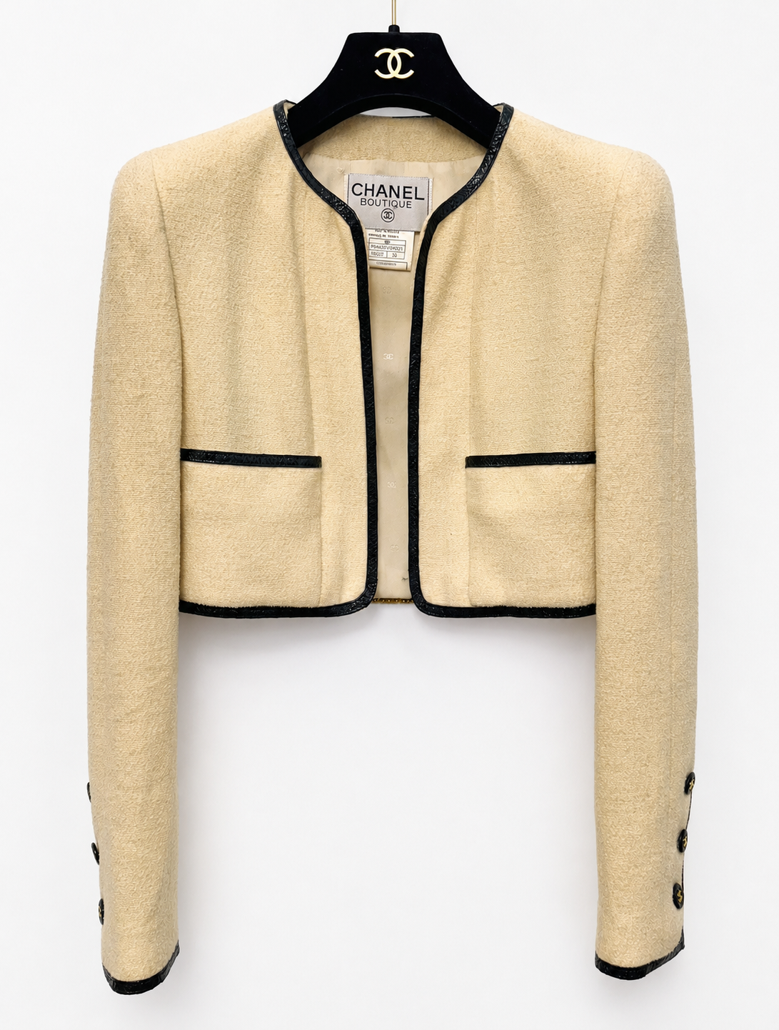 CHANEL Spring/Summer 1995 Barbie Collection Ivory Cropped Jacket – Iconic Black Patent Trim & Candy CC Buttons by Karl Lagerfeld