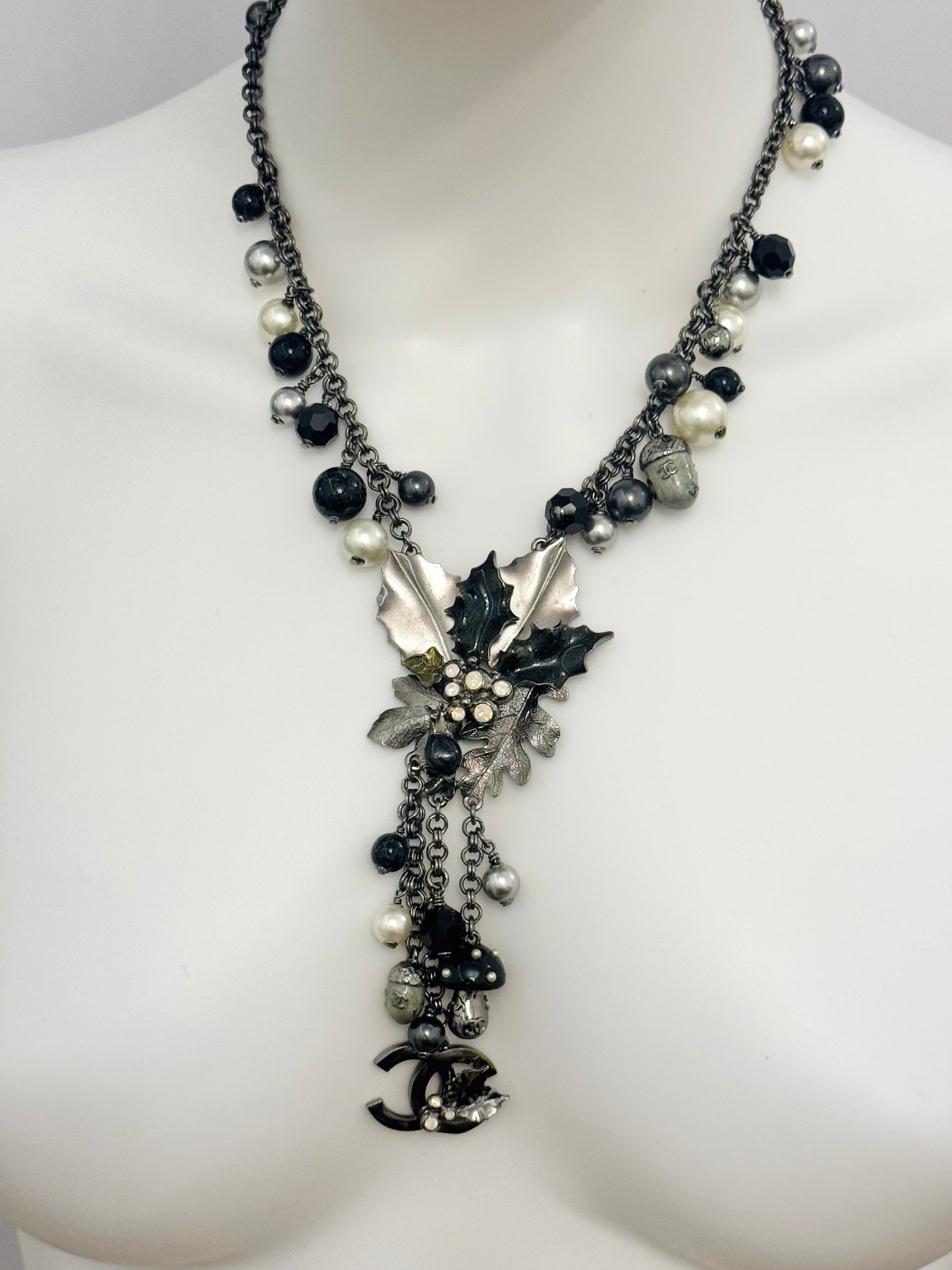 Museum-Worthy CHANEL Fall/Winter 2005 Runway Woodland Necklace by Karl Lagerfeld - Holly Leaves, Acorns, Mushroom & CC Charm Statement Collector's Archive Piece