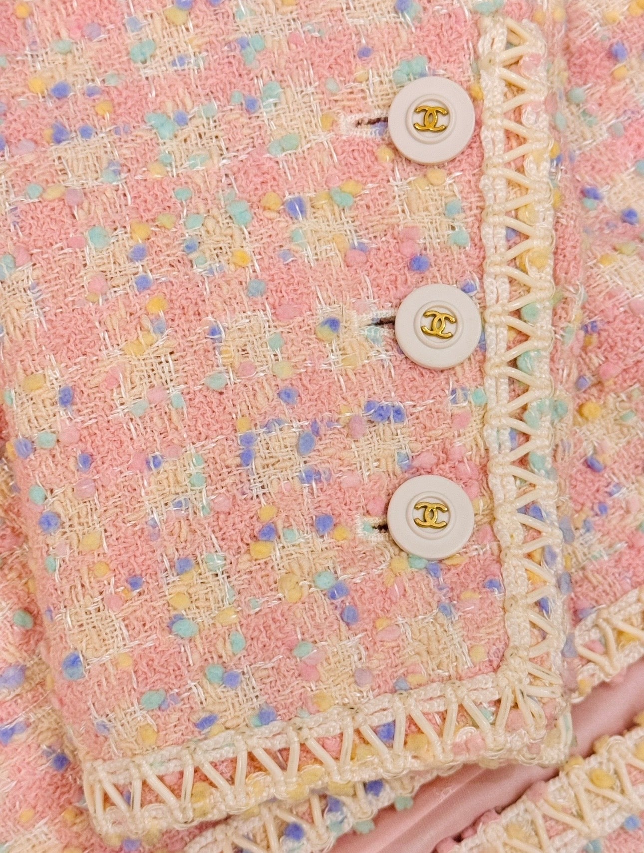 CHANEL Spring Summer 1994
Pastel Popcorn Tweed Scoubidou Jacket by Karl Lagerfeld - Rare Runway Piece - Seen on Elle
Fanning