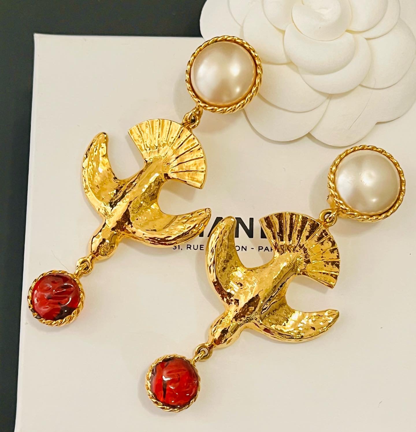 Museum-Worthy CHANEL 1970s Stylized Dove Bird Gripoix Drop Earrings - Rare Haute Couture Collector's Archive Piece