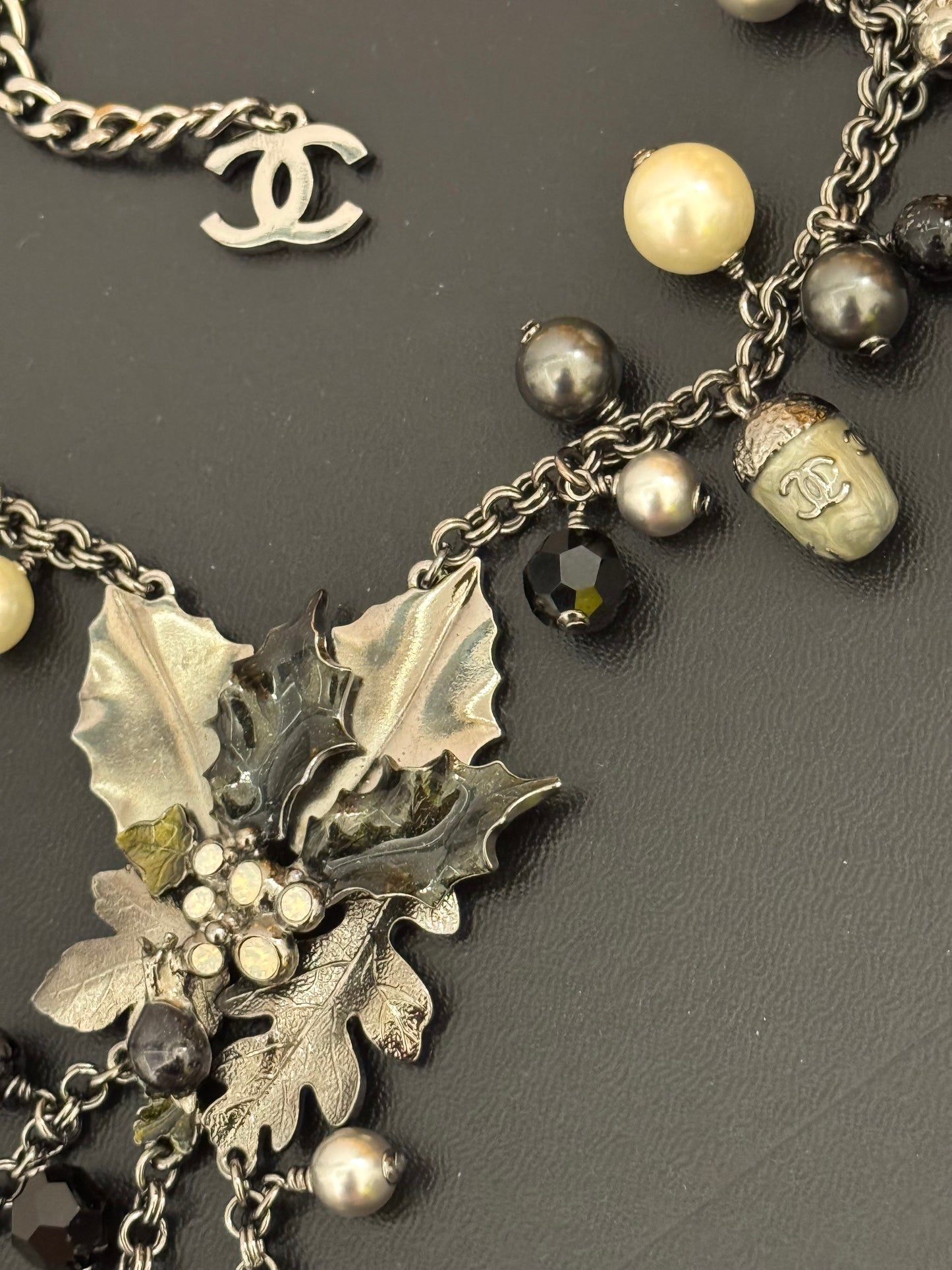 Museum-Worthy CHANEL Fall/Winter 2005 Runway Woodland Necklace by Karl Lagerfeld - Holly Leaves, Acorns, Mushroom & CC Charm Statement Collector's Archive Piece