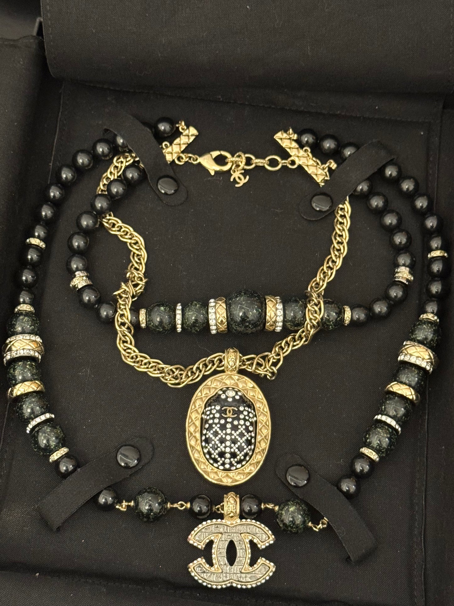 Museum-Worthy CHANEL Métiers d'Art Paris-New York 2019 Egyptian Scarab & Hieroglyph Layered Plastron Necklace from Karl Lagerfeld's Final Métiers d'Art Collection