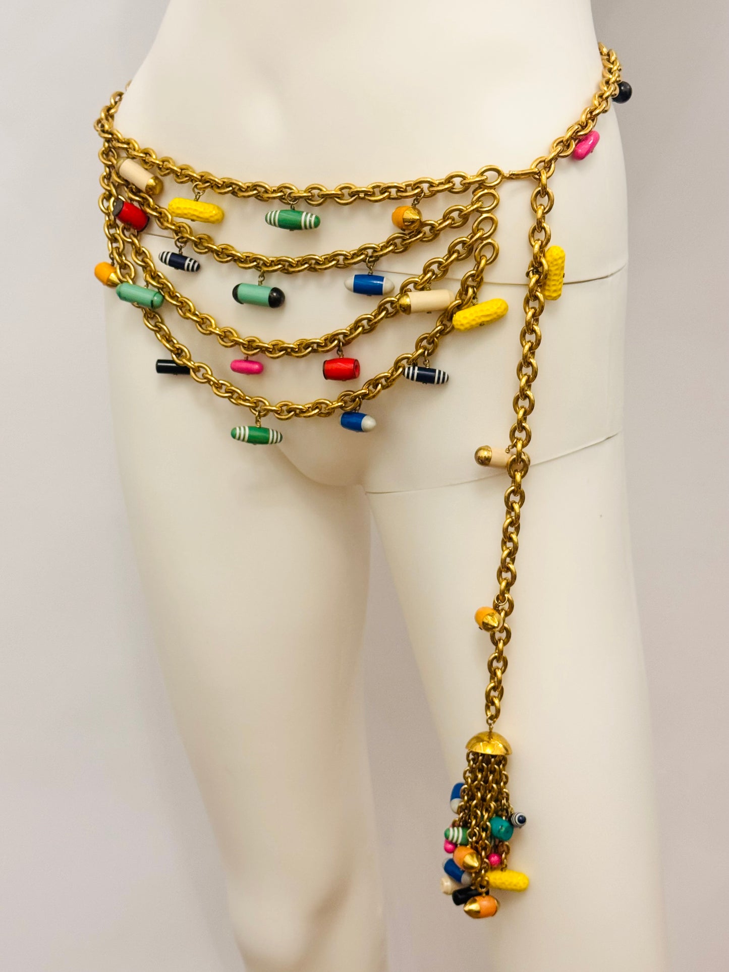 Museum-Worthy CHANEL Spring-Summer 1992 runway 24k gold plated Multicolor "Pill" Chain Belt