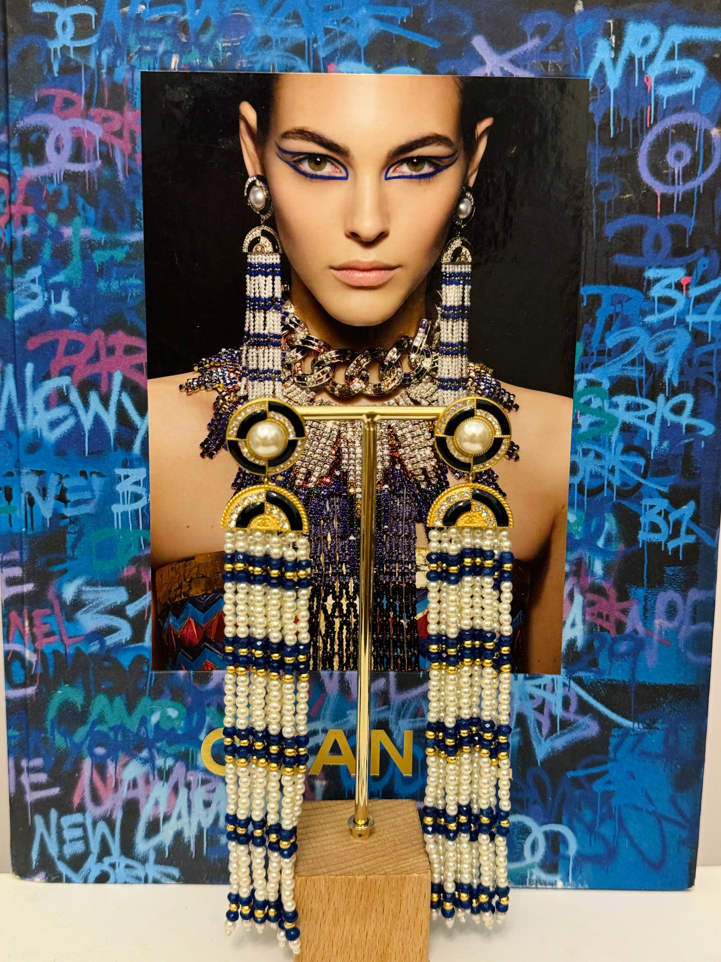 CHANEL Métiers d’Art Paris–New York 2019 “Egyptian” Lapis Lazuli & Pearl Chandelier Earrings by Karl Lagerfeld – Runway & Book Cover