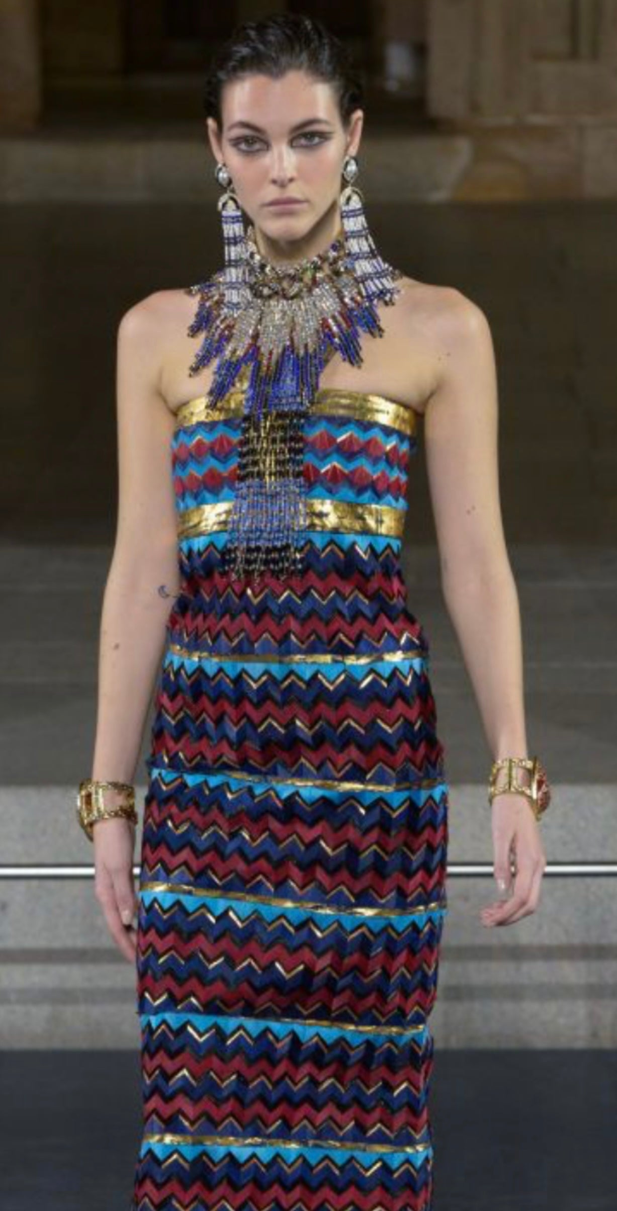 CHANEL Métiers d’Art Paris–New York 2019 “Egyptian” Lapis Lazuli & Pearl Chandelier Earrings by Karl Lagerfeld – Runway & Book Cover