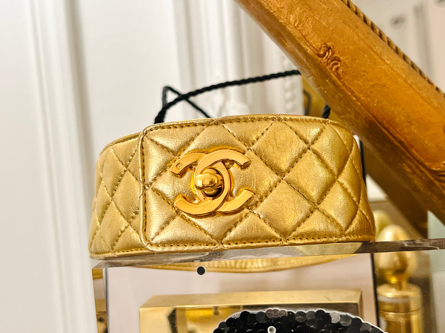 CHANEL Fall/Winter 1991 "Hip-Hop" Gold Quilted Leather Turnlock Choker Necklace by Karl Lagerfeld - Iconic Runway Archive Piece
