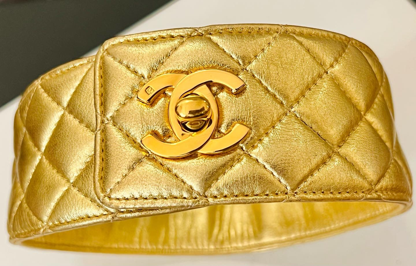 CHANEL Fall/Winter 1991 "Hip-Hop" Gold Quilted Leather Turnlock Choker Necklace by Karl Lagerfeld - Iconic Runway Archive Piece