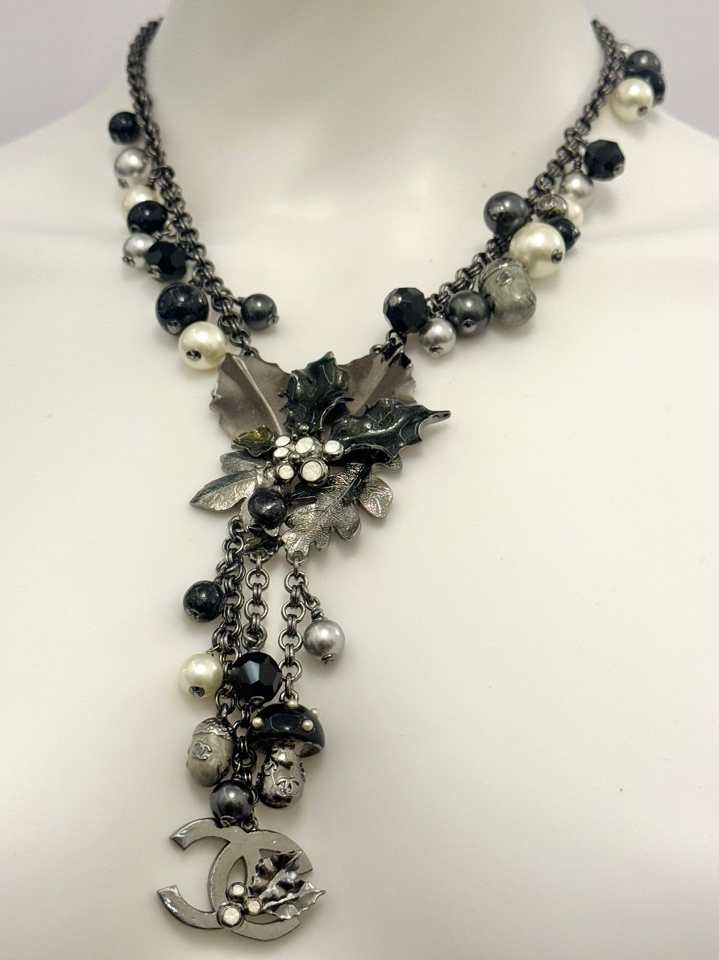 Museum-Worthy CHANEL Fall/Winter 2005 Runway Woodland Necklace by Karl Lagerfeld - Holly Leaves, Acorns, Mushroom & CC Charm Statement Collector's Archive Piece