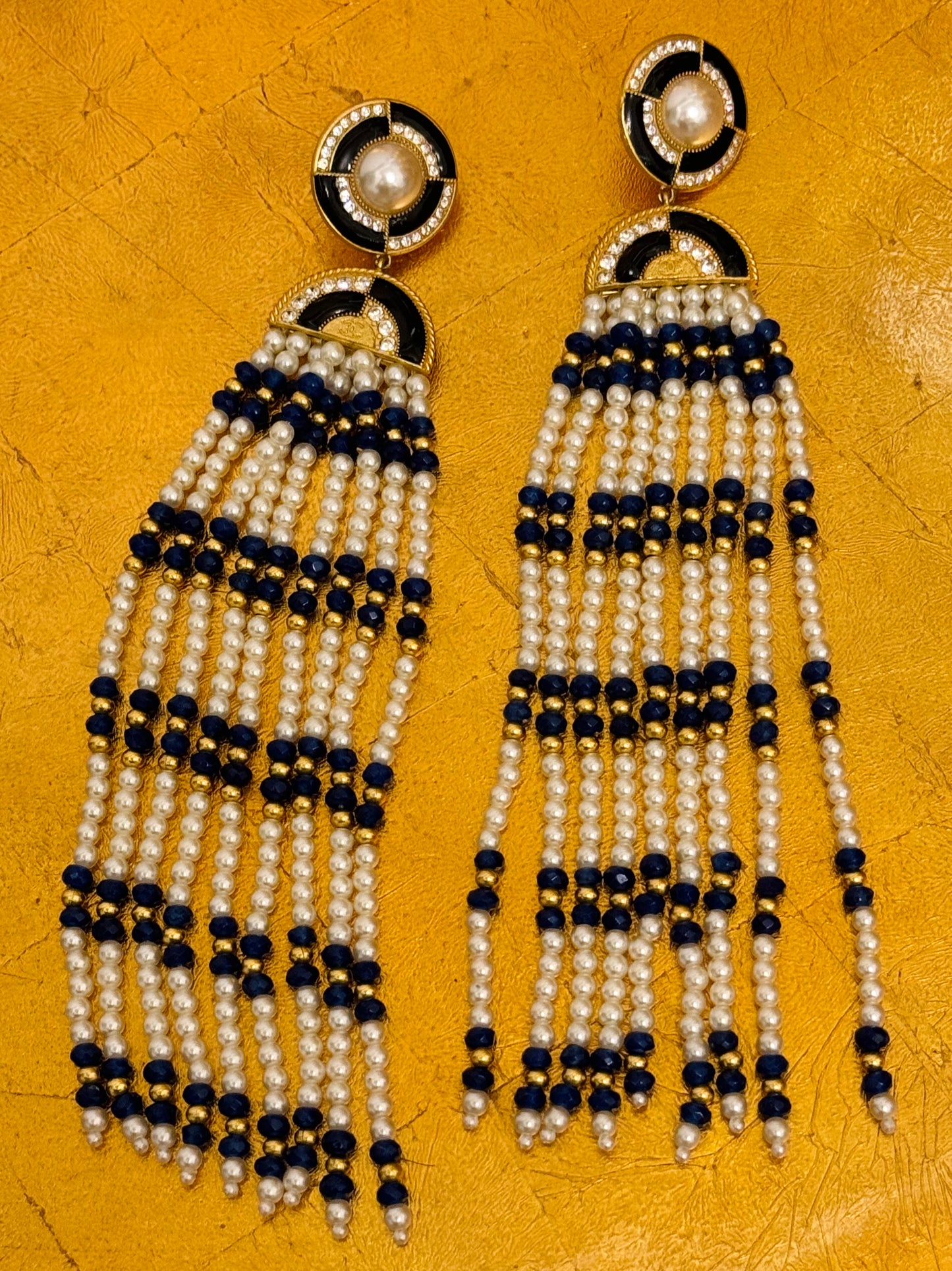 CHANEL Métiers d’Art Paris–New York 2019 “Egyptian” Lapis Lazuli & Pearl Chandelier Earrings by Karl Lagerfeld – Runway & Book Cover
