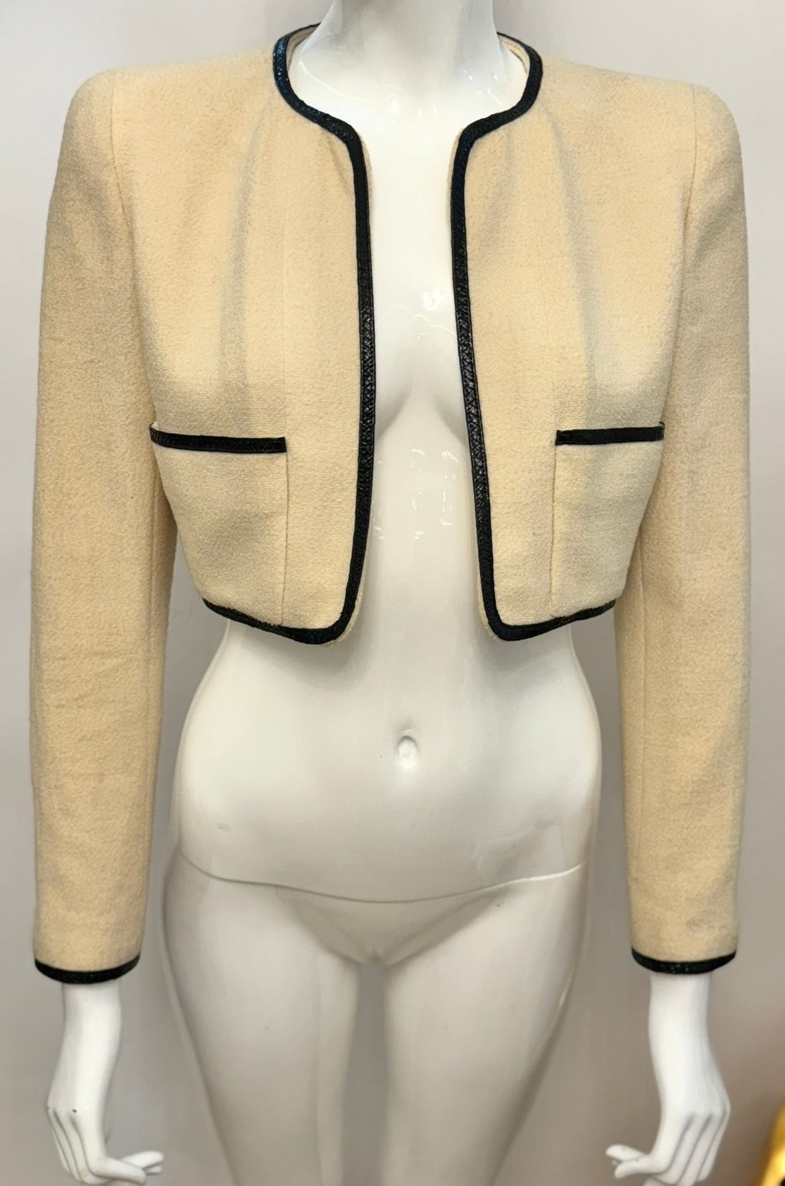CHANEL Spring/Summer 1995 Barbie Collection Ivory Cropped Jacket – Iconic Black Patent Trim & Candy CC Buttons by Karl Lagerfeld