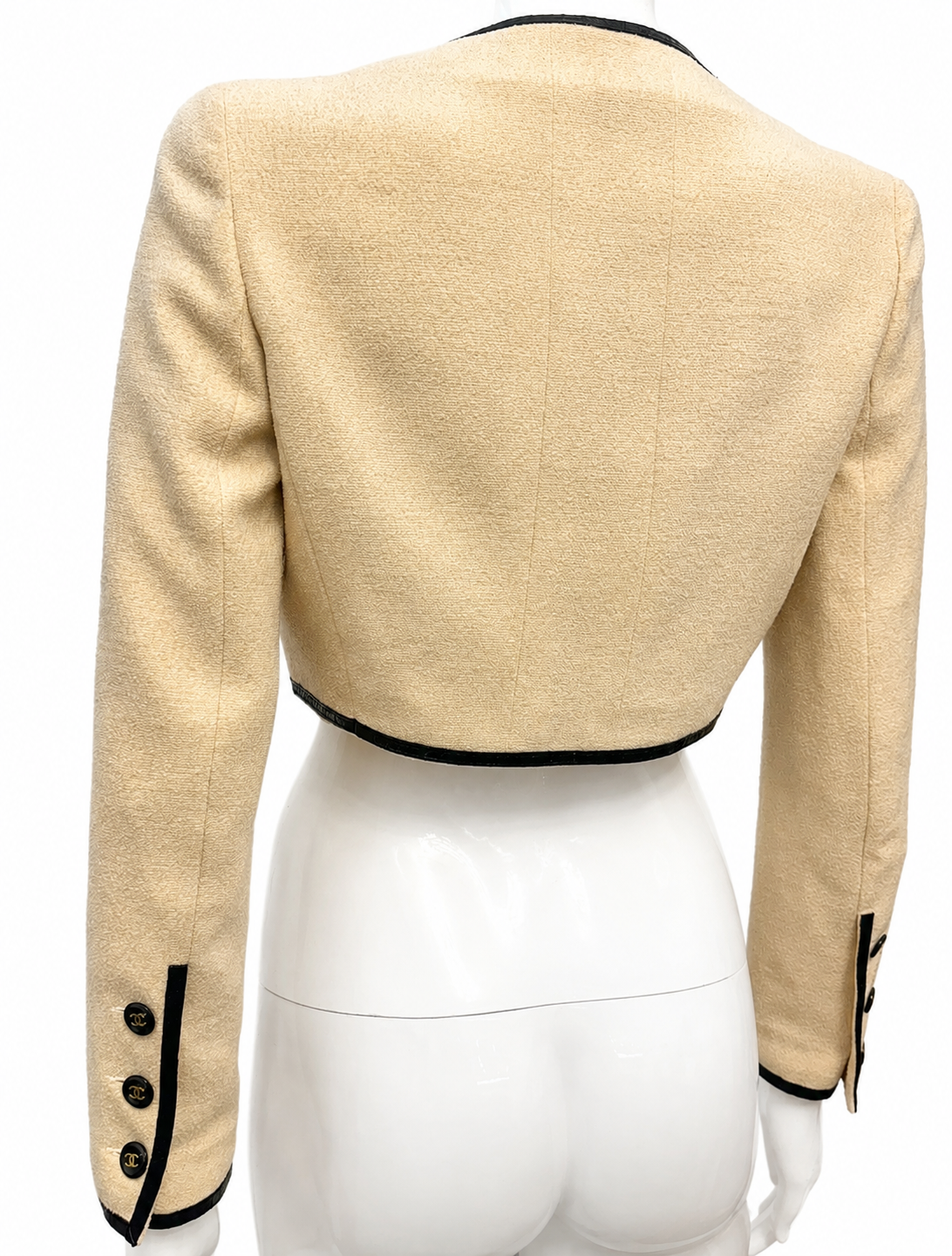 CHANEL Spring/Summer 1995 Barbie Collection Ivory Cropped Jacket – Iconic Black Patent Trim & Candy CC Buttons by Karl Lagerfeld