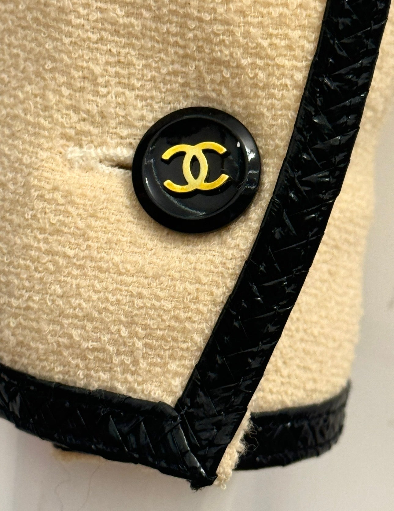 CHANEL Spring/Summer 1995 Barbie Collection Ivory Cropped Jacket – Iconic Black Patent Trim & Candy CC Buttons by Karl Lagerfeld