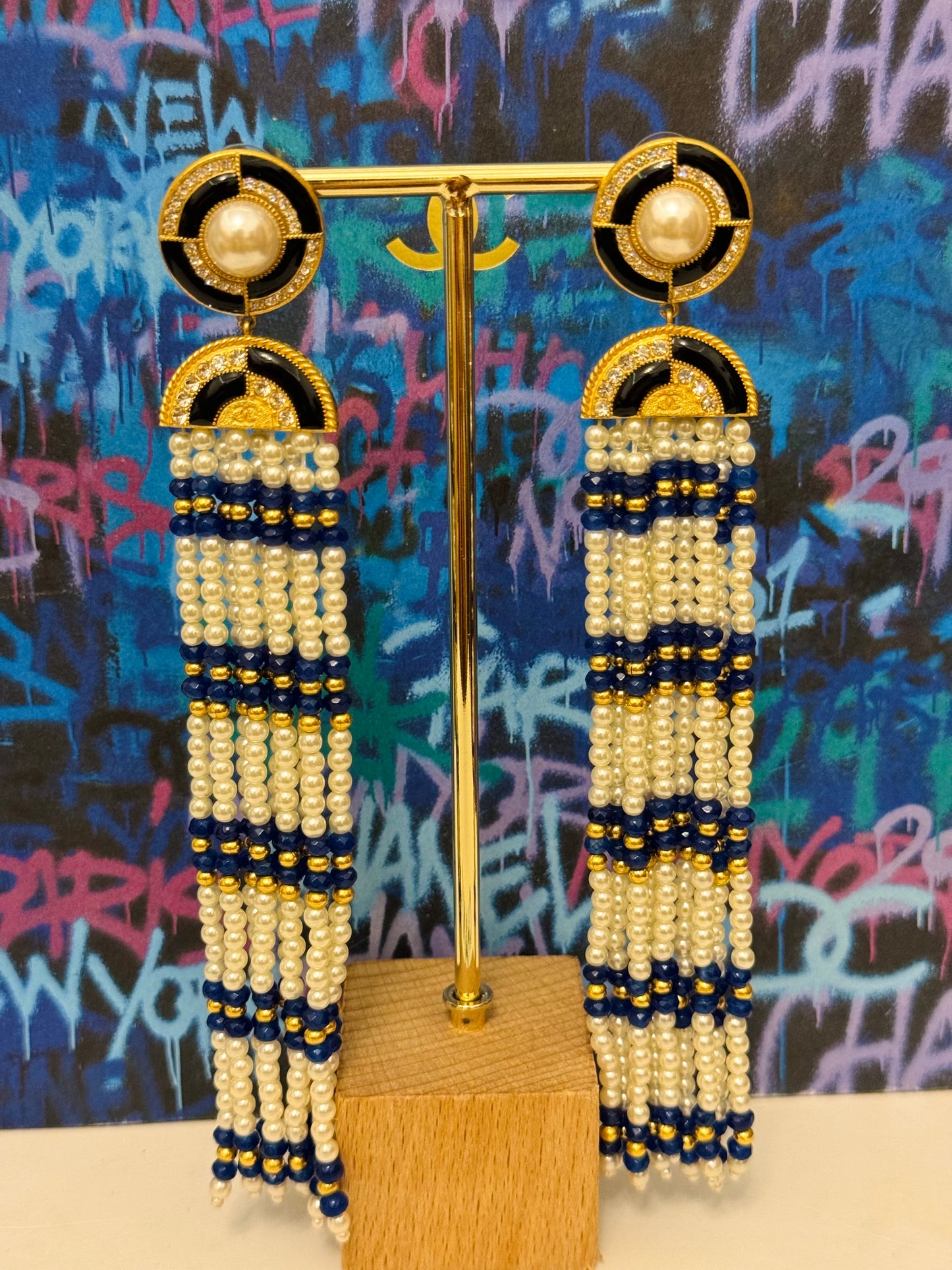 CHANEL Métiers d’Art Paris–New York 2019 “Egyptian” Lapis Lazuli & Pearl Chandelier Earrings by Karl Lagerfeld – Runway & Book Cover