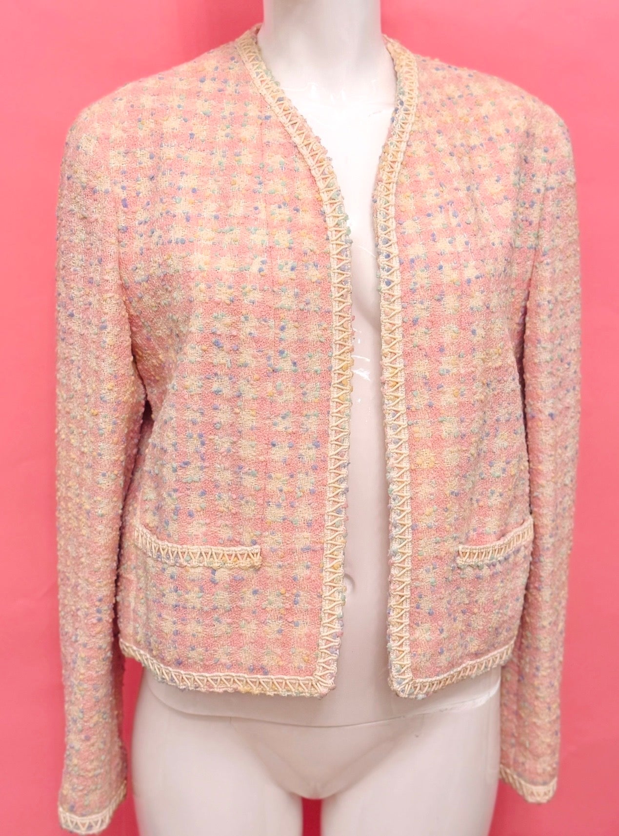 CHANEL Spring Summer 1994
Pastel Popcorn Tweed Scoubidou Jacket by Karl Lagerfeld - Rare Runway Piece - Seen on Elle
Fanning