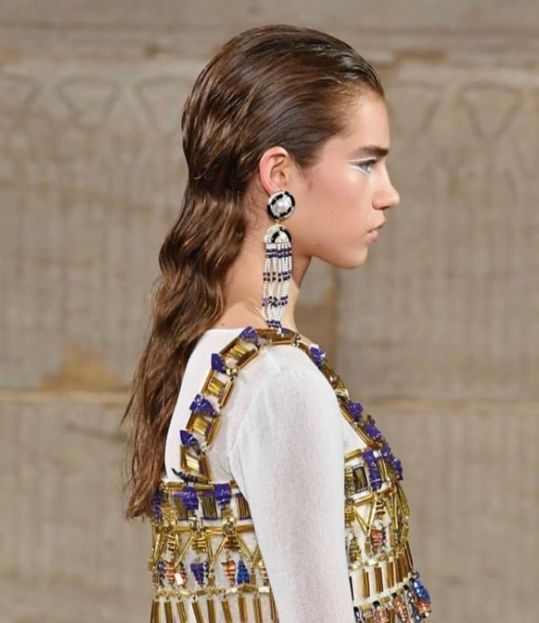CHANEL Métiers d’Art Paris–New York 2019 “Egyptian” Lapis Lazuli & Pearl Chandelier Earrings by Karl Lagerfeld – Runway & Book Cover