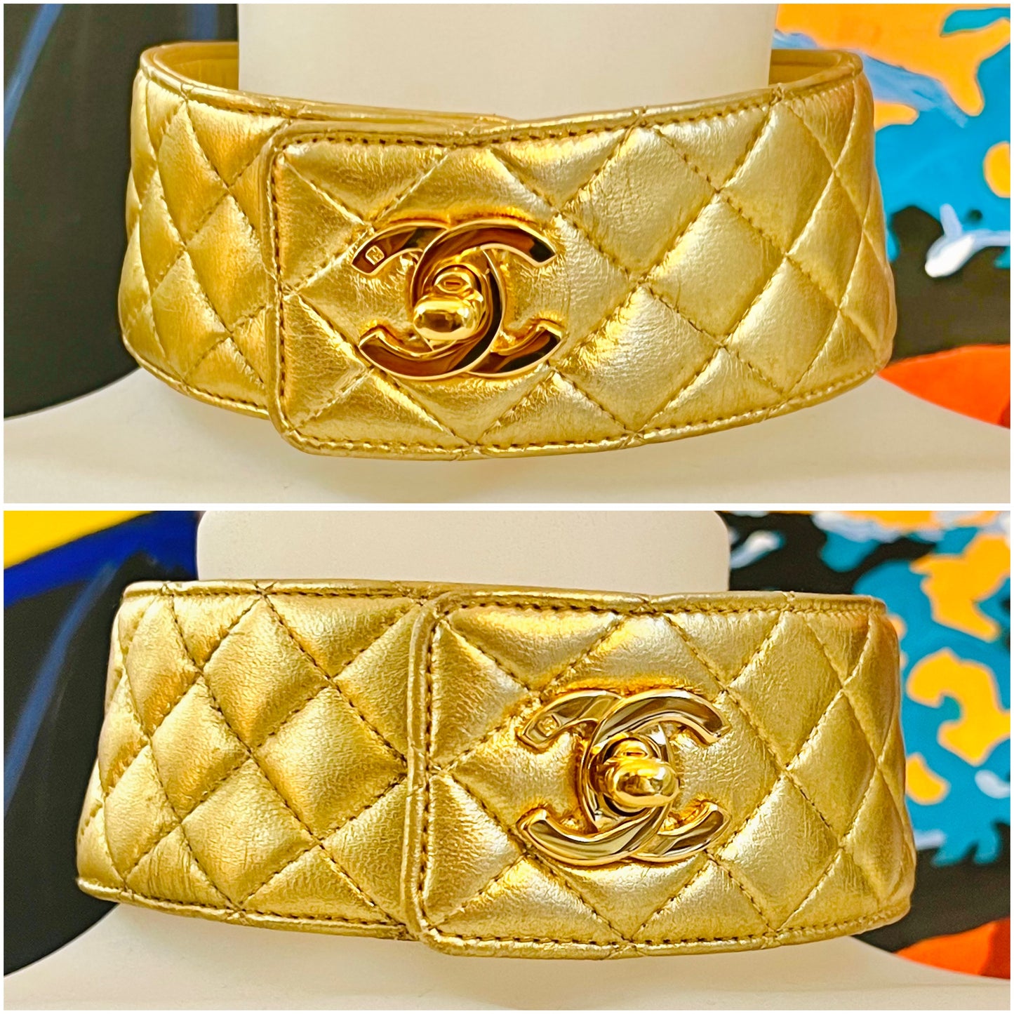 CHANEL Fall/Winter 1991 "Hip-Hop" Gold Quilted Leather Turnlock Choker Necklace by Karl Lagerfeld - Iconic Runway Archive Piece