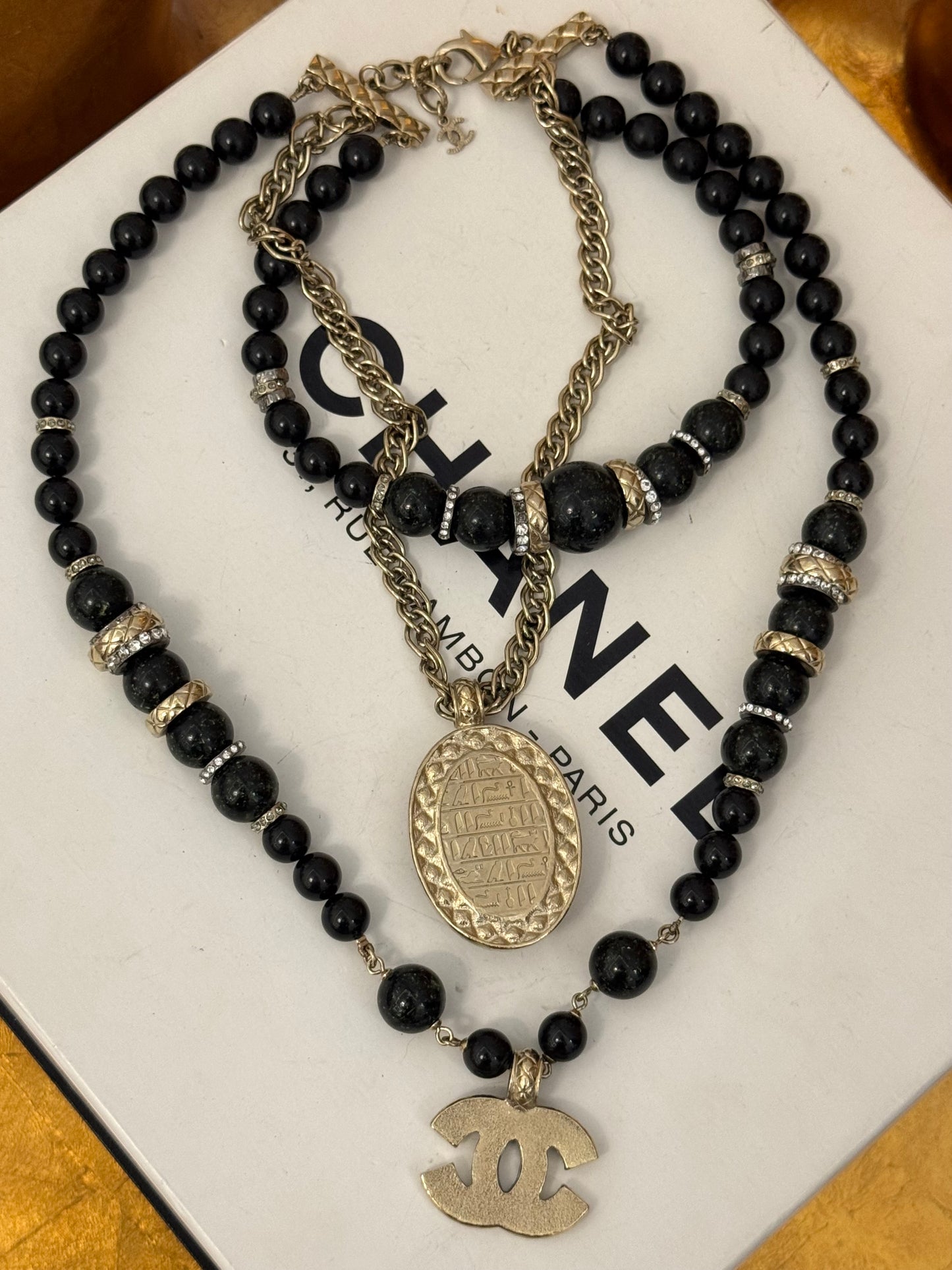 Museum-Worthy CHANEL Métiers d'Art Paris-New York 2019 Egyptian Scarab & Hieroglyph Layered Plastron Necklace from Karl Lagerfeld's Final Métiers d'Art Collection