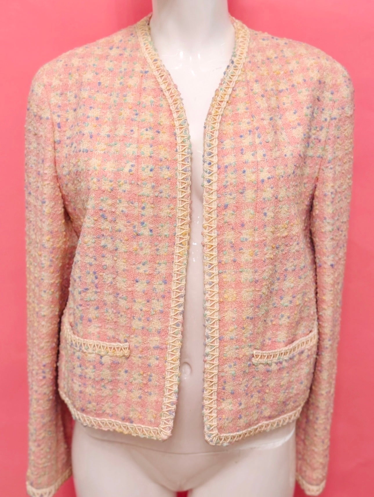 CHANEL Spring Summer 1994
Pastel Popcorn Tweed Scoubidou Jacket by Karl Lagerfeld - Rare Runway Piece - Seen on Elle
Fanning