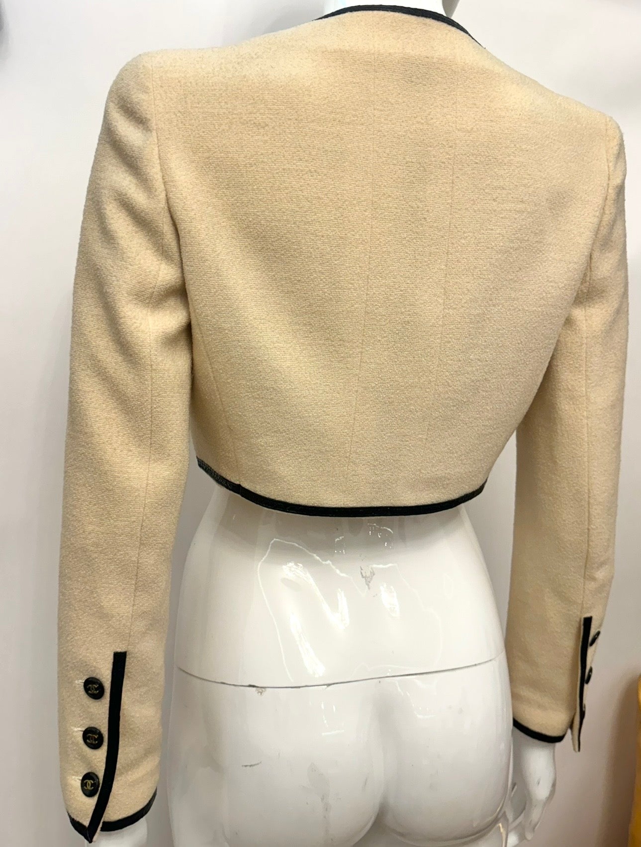 CHANEL Spring/Summer 1995 Barbie Collection Ivory Cropped Jacket – Iconic Black Patent Trim & Candy CC Buttons by Karl Lagerfeld