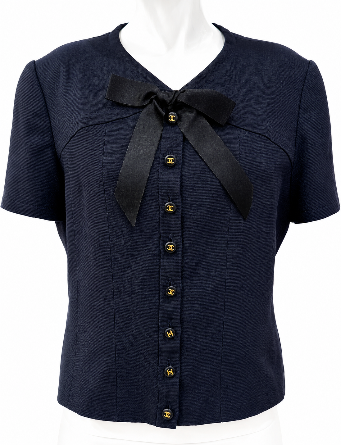 CHANEL Spring/Summer 1995 « Barbie » Collection Navy Blue Bow Jacket - Candy CC Buttons - Karl Lagerfeld Archive