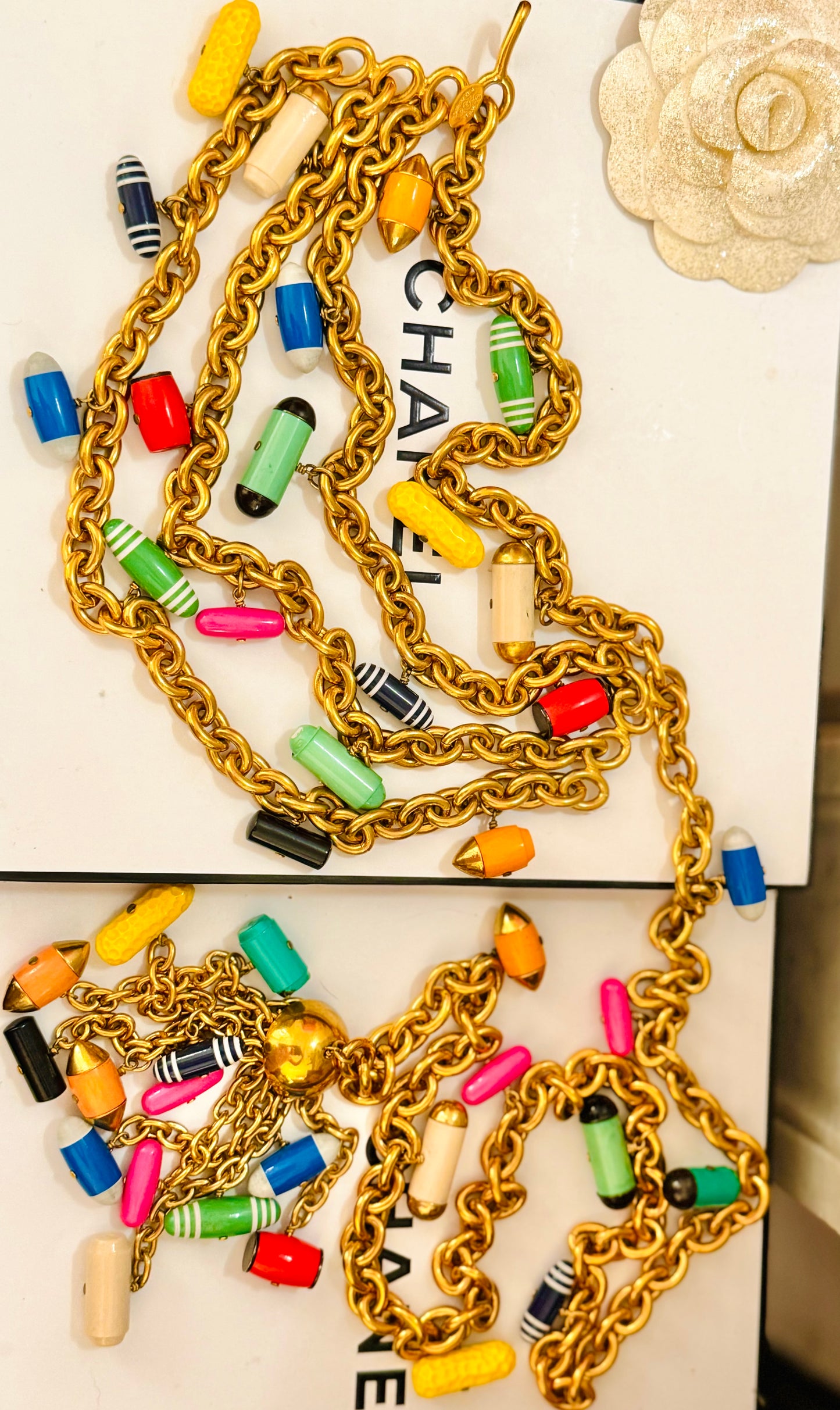 Museum-Worthy CHANEL Spring-Summer 1992 runway 24k gold plated Multicolor "Pill" Chain Belt