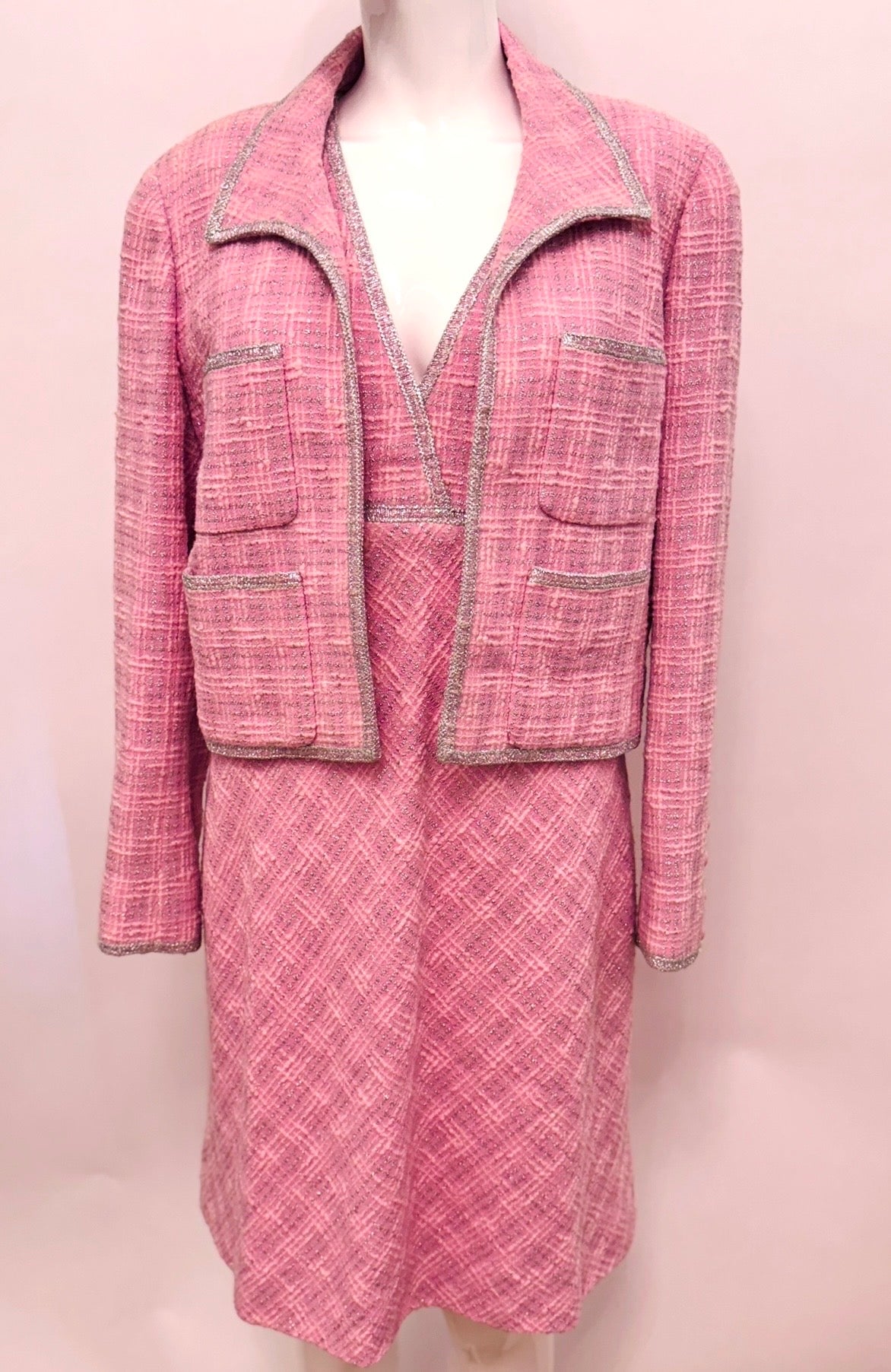 CHANEL Spring/ Summer 1997 Fantasy Tweed Sparkling Barbie Pink Jacket & Dress Ensemble - Never Worn - Karl Lagerfeld Archive