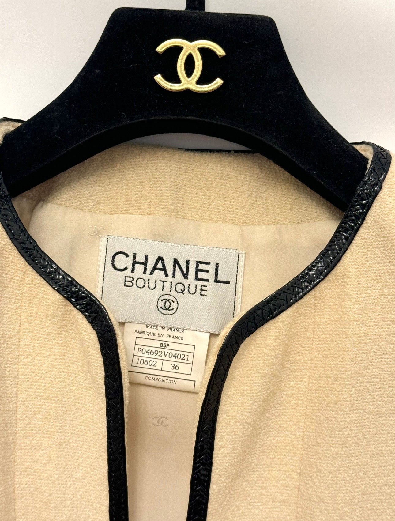 CHANEL Spring/Summer 1995 Barbie Collection Ivory Cropped Jacket – Iconic Black Patent Trim & Candy CC Buttons by Karl Lagerfeld