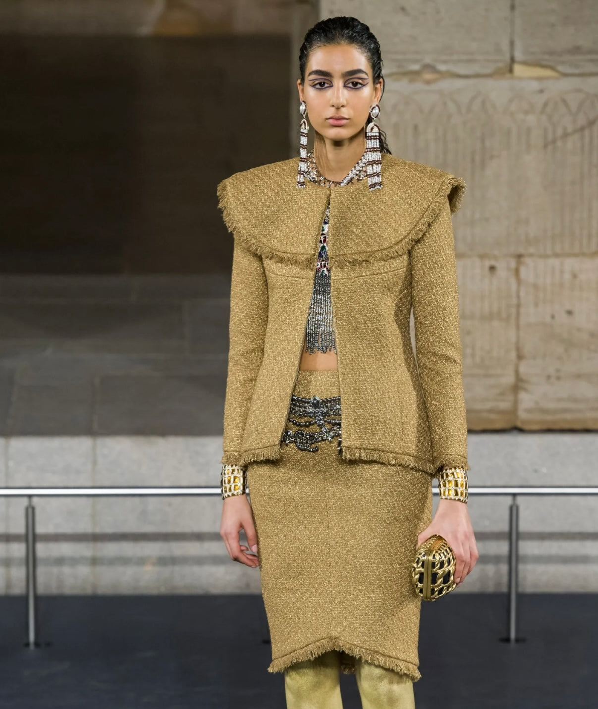 CHANEL Métiers d’Art Paris–New York 2019 “Egyptian” Lapis Lazuli & Pearl Chandelier Earrings by Karl Lagerfeld – Runway & Book Cover