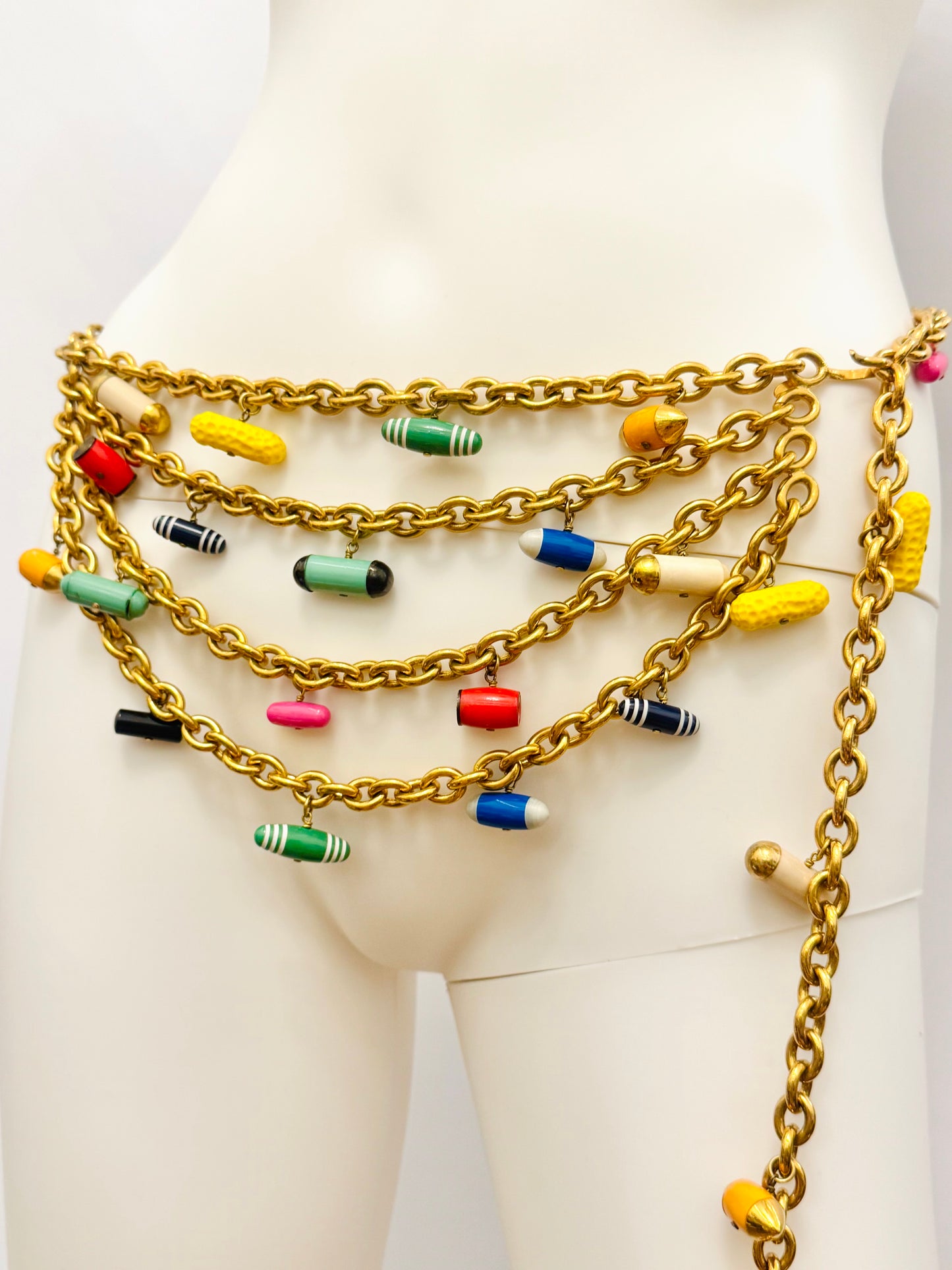 Museum-Worthy CHANEL Spring-Summer 1992 runway 24k gold plated Multicolor "Pill" Chain Belt
