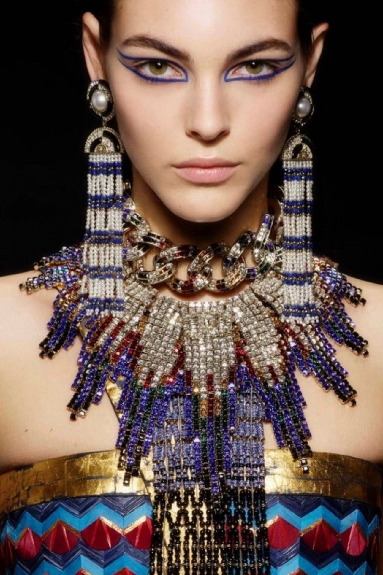 CHANEL Métiers d’Art Paris–New York 2019 “Egyptian” Lapis Lazuli & Pearl Chandelier Earrings by Karl Lagerfeld – Runway & Book Cover