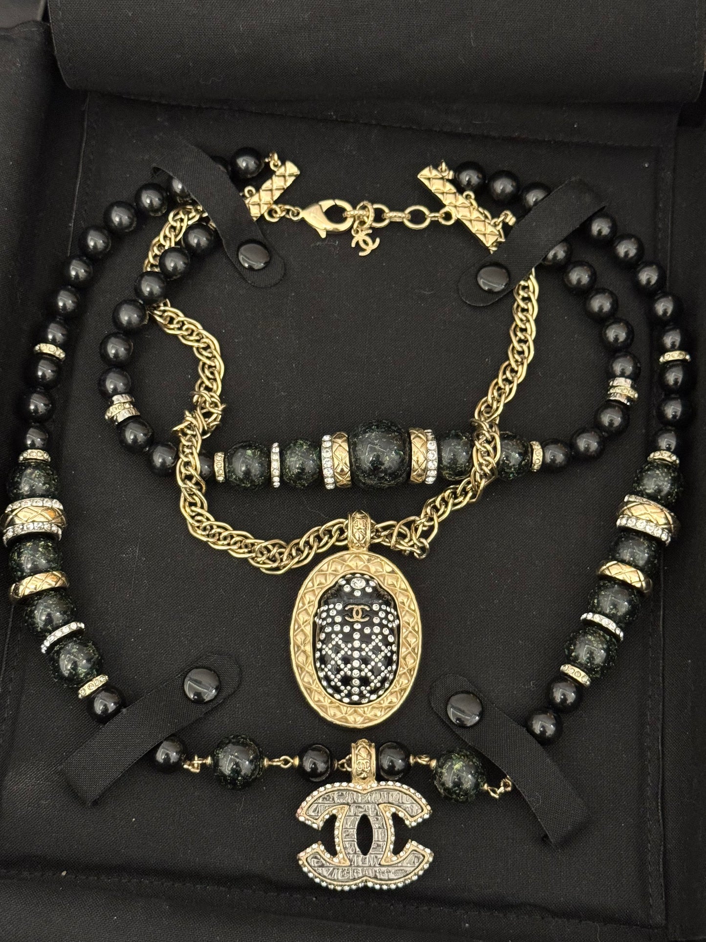 Museum-Worthy CHANEL Métiers d'Art Paris-New York 2019 Egyptian Scarab & Hieroglyph Layered Plastron Necklace from Karl Lagerfeld's Final Métiers d'Art Collection