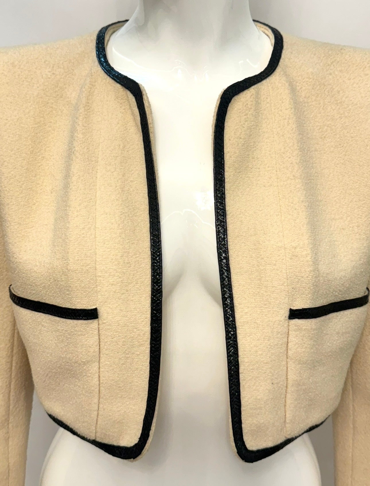 CHANEL Spring/Summer 1995 Barbie Collection Ivory Cropped Jacket – Iconic Black Patent Trim & Candy CC Buttons by Karl Lagerfeld