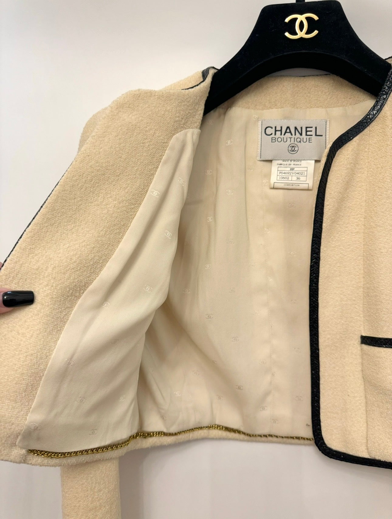 CHANEL Spring/Summer 1995 Barbie Collection Ivory Cropped Jacket – Iconic Black Patent Trim & Candy CC Buttons by Karl Lagerfeld