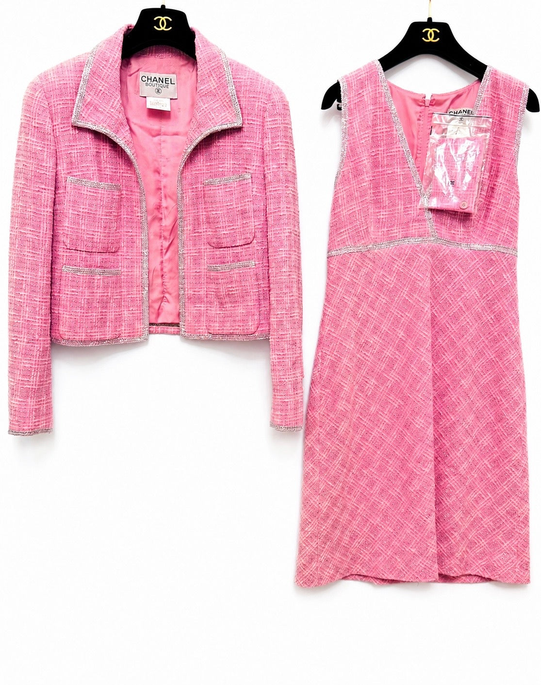 CHANEL Spring/ Summer 1997 Fantasy Tweed Sparkling Barbie Pink Jacket & Dress Ensemble - Never Worn - Karl Lagerfeld Archive