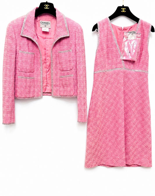 CHANEL Spring/ Summer 1997 Fantasy Tweed Sparkling Barbie Pink Jacket & Dress Ensemble - Never Worn - Karl Lagerfeld Archive