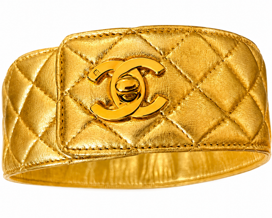 CHANEL Fall/Winter 1991 "Hip-Hop" Gold Quilted Leather Turnlock Choker Necklace by Karl Lagerfeld - Iconic Runway Archive Piece