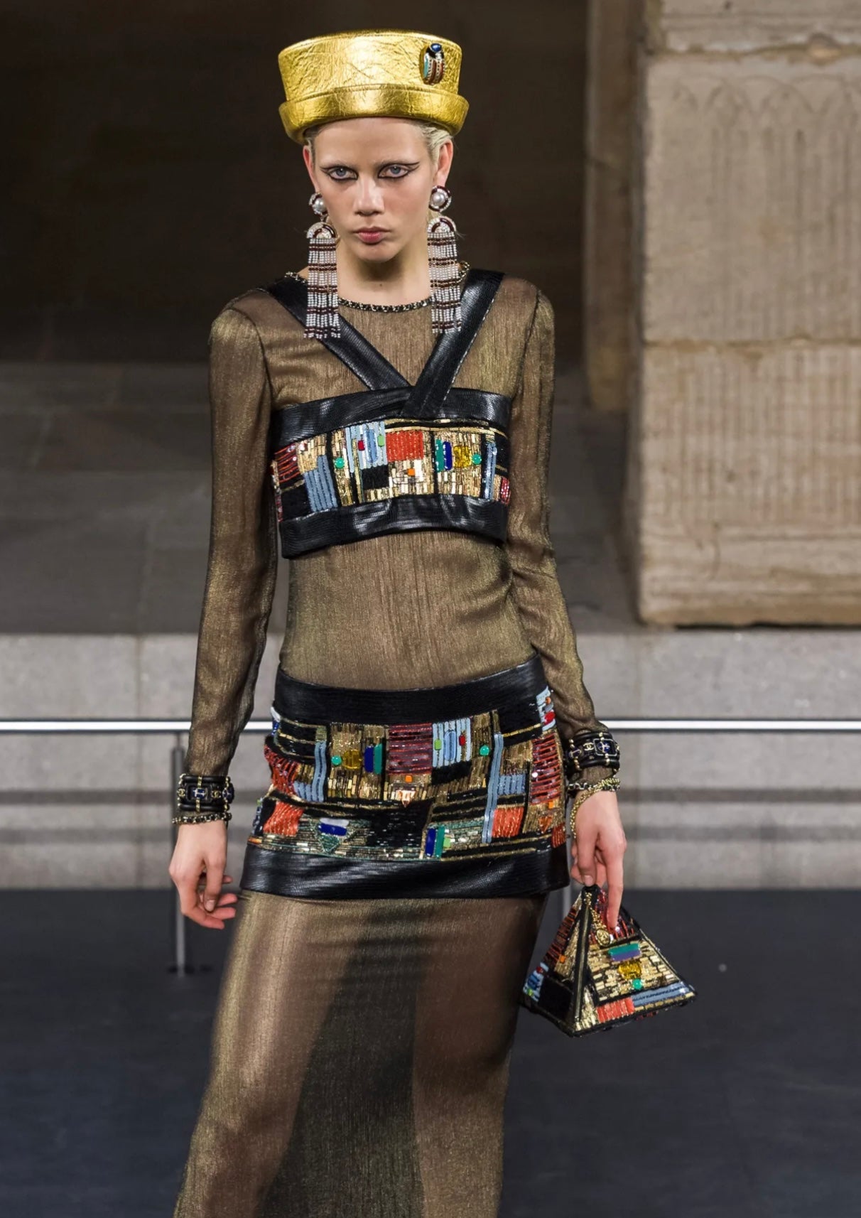 CHANEL Métiers d’Art Paris–New York 2019 “Egyptian” Lapis Lazuli & Pearl Chandelier Earrings by Karl Lagerfeld – Runway & Book Cover