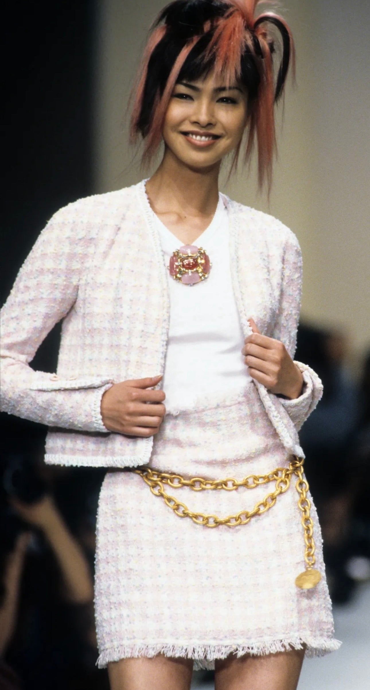 CHANEL Spring Summer 1994
Pastel Popcorn Tweed Scoubidou Jacket by Karl Lagerfeld - Rare Runway Piece - Seen on Elle
Fanning