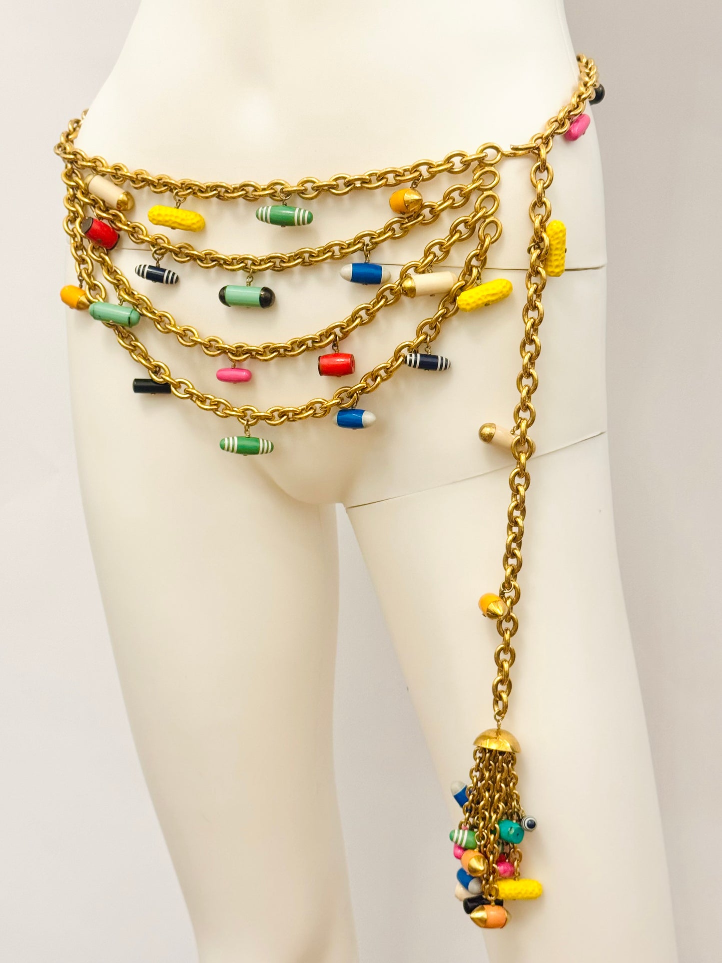 Museum-Worthy CHANEL Spring-Summer 1992 runway 24k gold plated Multicolor "Pill" Chain Belt