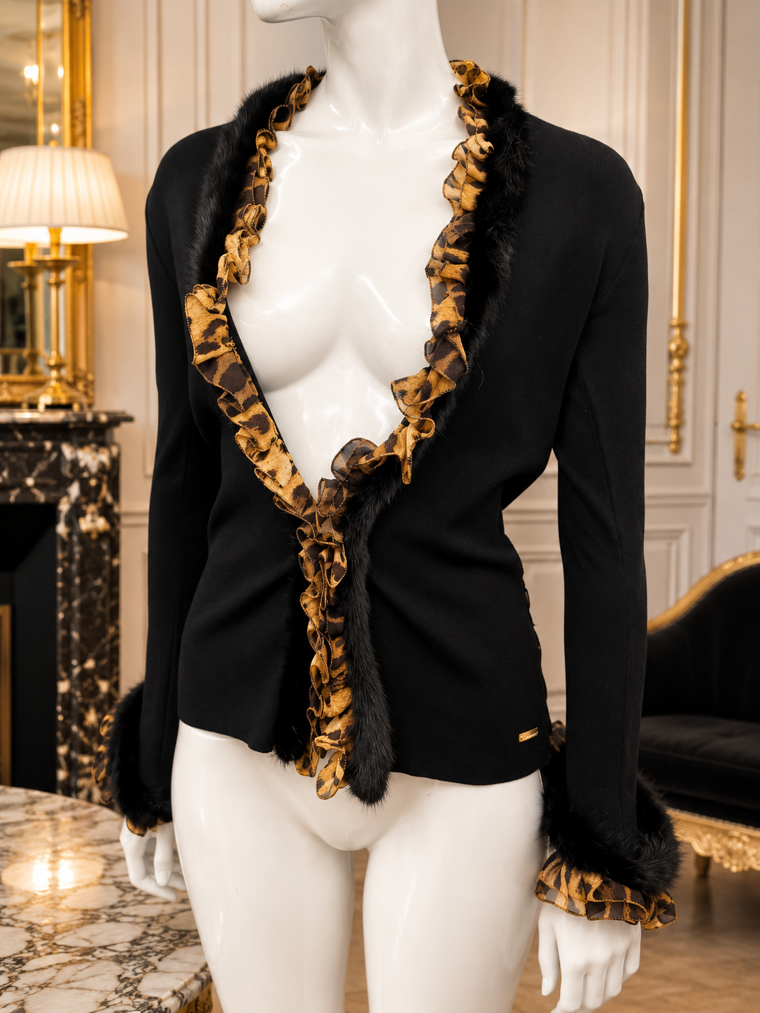 Roberto Cavalli F/W 2005 Black knit cardigan with Mink Fur & Léopard Silk Ruffle Trim