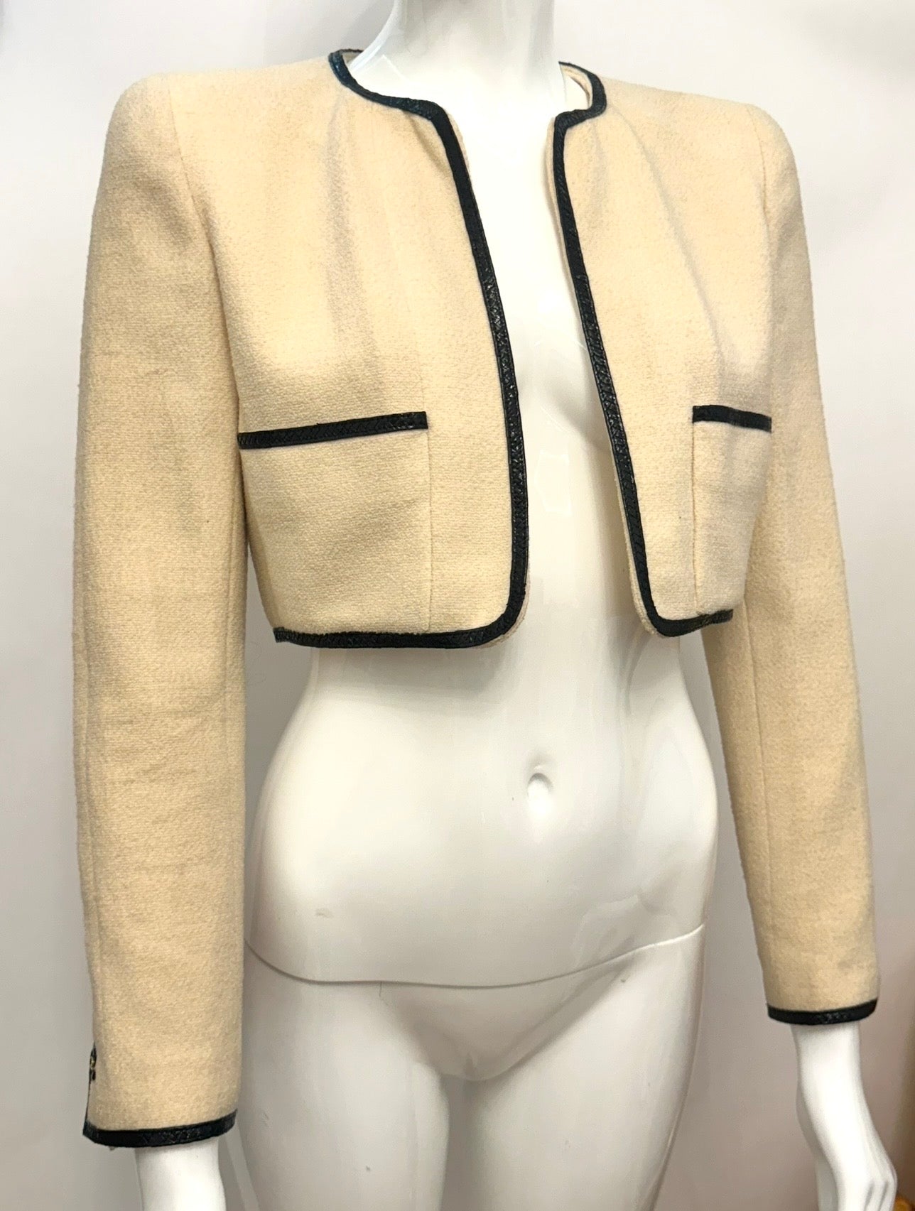 CHANEL Spring/Summer 1995 Barbie Collection Ivory Cropped Jacket – Iconic Black Patent Trim & Candy CC Buttons by Karl Lagerfeld