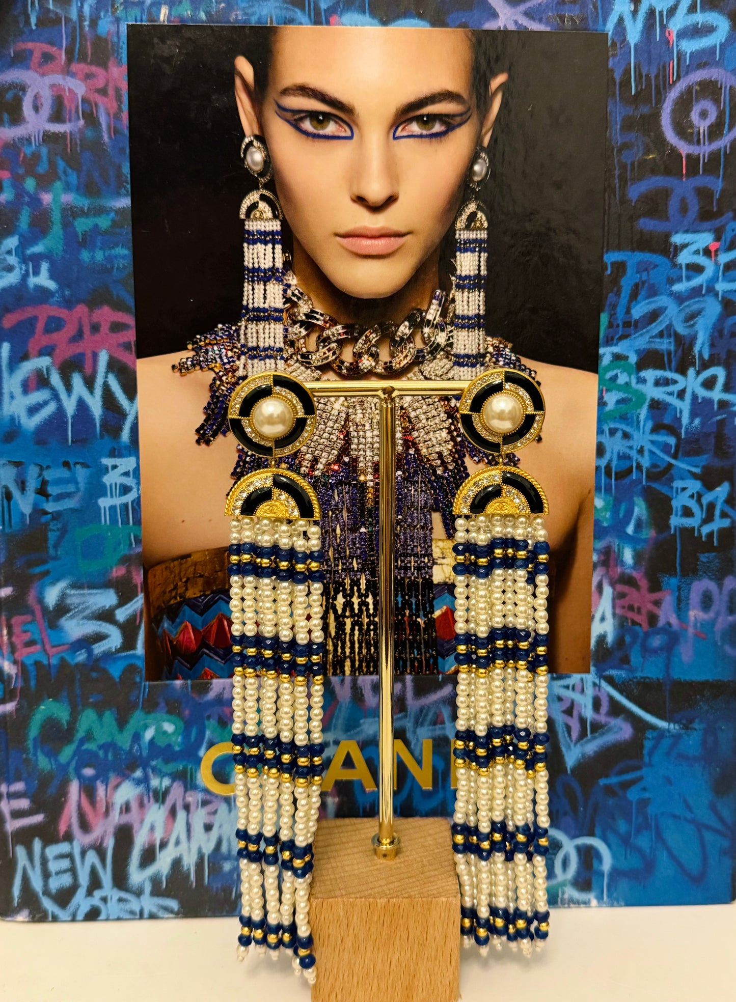 CHANEL Métiers d’Art Paris–New York 2019 “Egyptian” Lapis Lazuli & Pearl Chandelier Earrings by Karl Lagerfeld – Runway & Book Cover