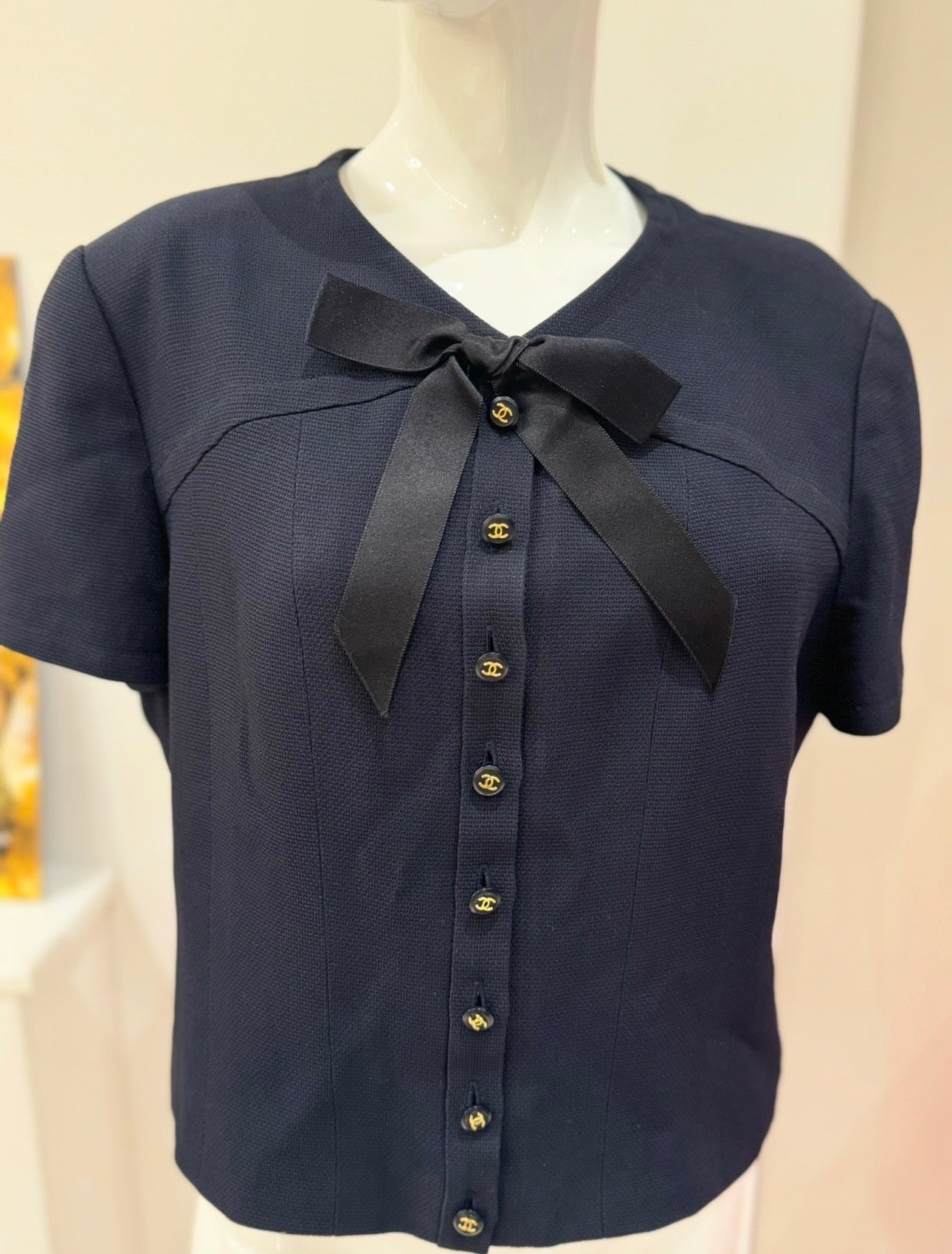 CHANEL Spring/Summer 1995 « Barbie » Collection Navy Blue Bow Jacket - Candy CC Buttons - Karl Lagerfeld Archive