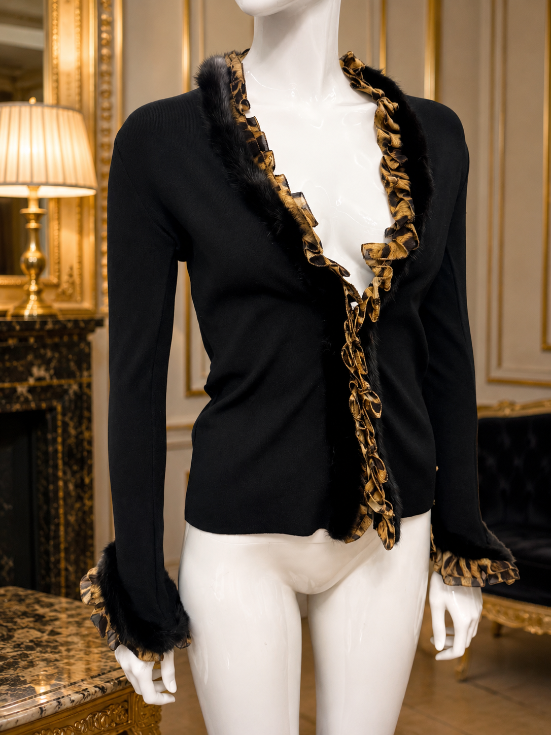 Roberto Cavalli F/W 2005 Black knit cardigan with Mink Fur & Léopard Silk Ruffle Trim