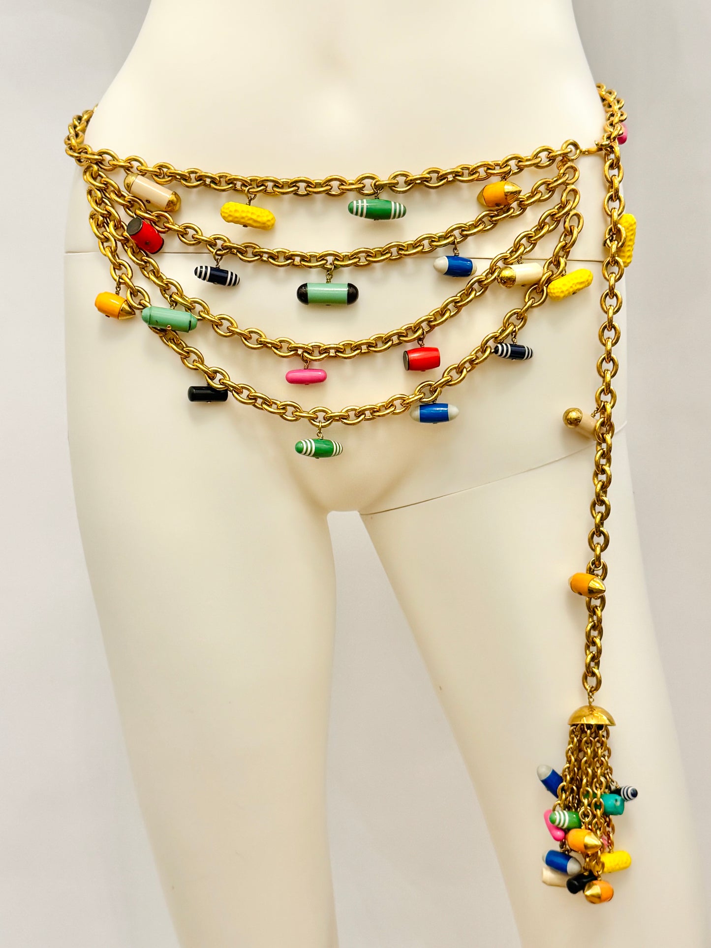 Museum-Worthy CHANEL Spring-Summer 1992 runway 24k gold plated Multicolor "Pill" Chain Belt