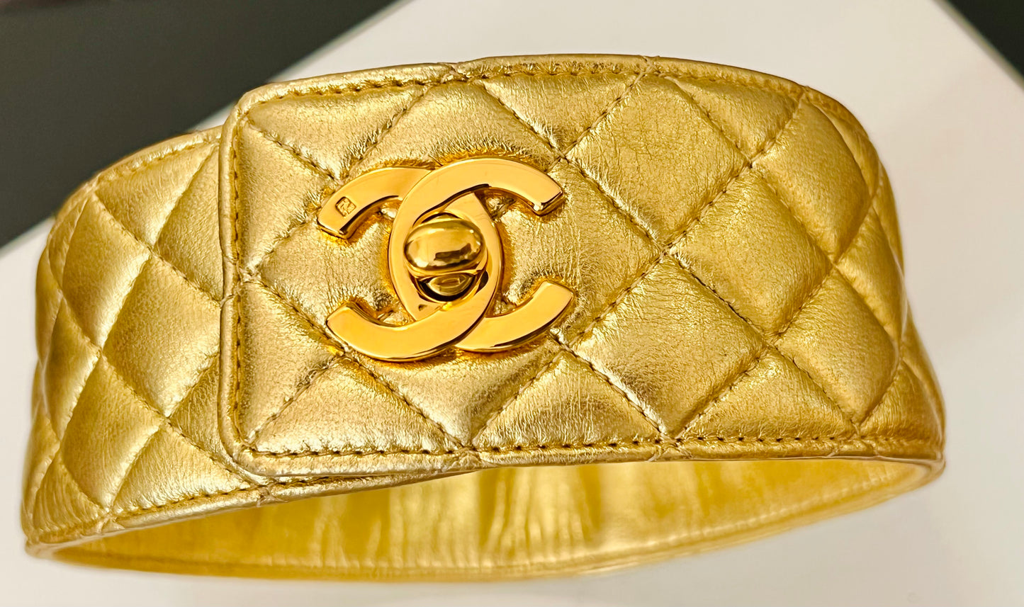 CHANEL Fall/Winter 1991 "Hip-Hop" Gold Quilted Leather Turnlock Choker Necklace by Karl Lagerfeld - Iconic Runway Archive Piece