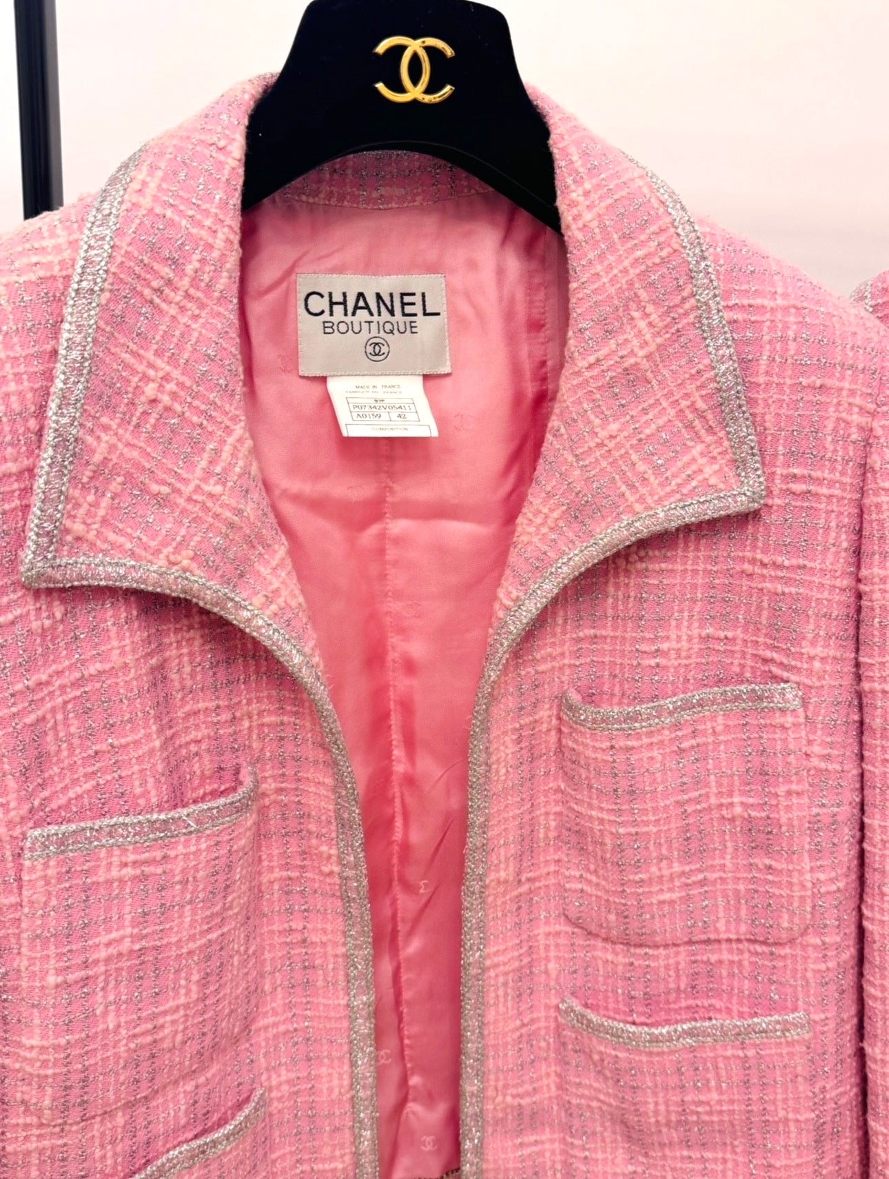 CHANEL Spring/ Summer 1997 Fantasy Tweed Sparkling Barbie Pink Jacket & Dress Ensemble - Never Worn - Karl Lagerfeld Archive